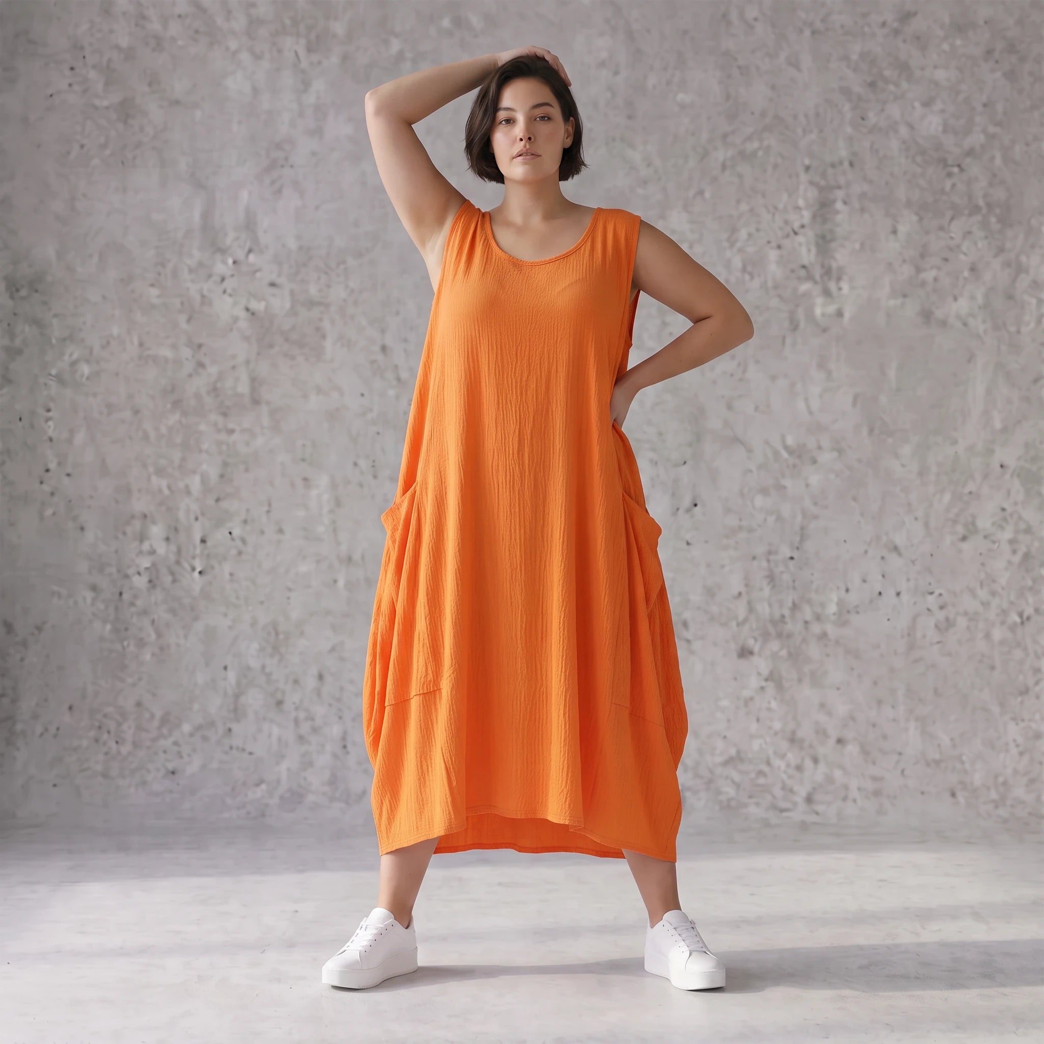 Damen Kleid Avantgarde Viskose Orange, Ballonschnitt, ärmellos, Flügeltaschen, Oversize große Größen – AKH Fashion