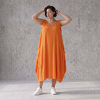 Damen Kleid Avantgarde Viskose Orange, Ballonschnitt, ärmellos, Flügeltaschen, Oversize große Größen – AKH Fashion