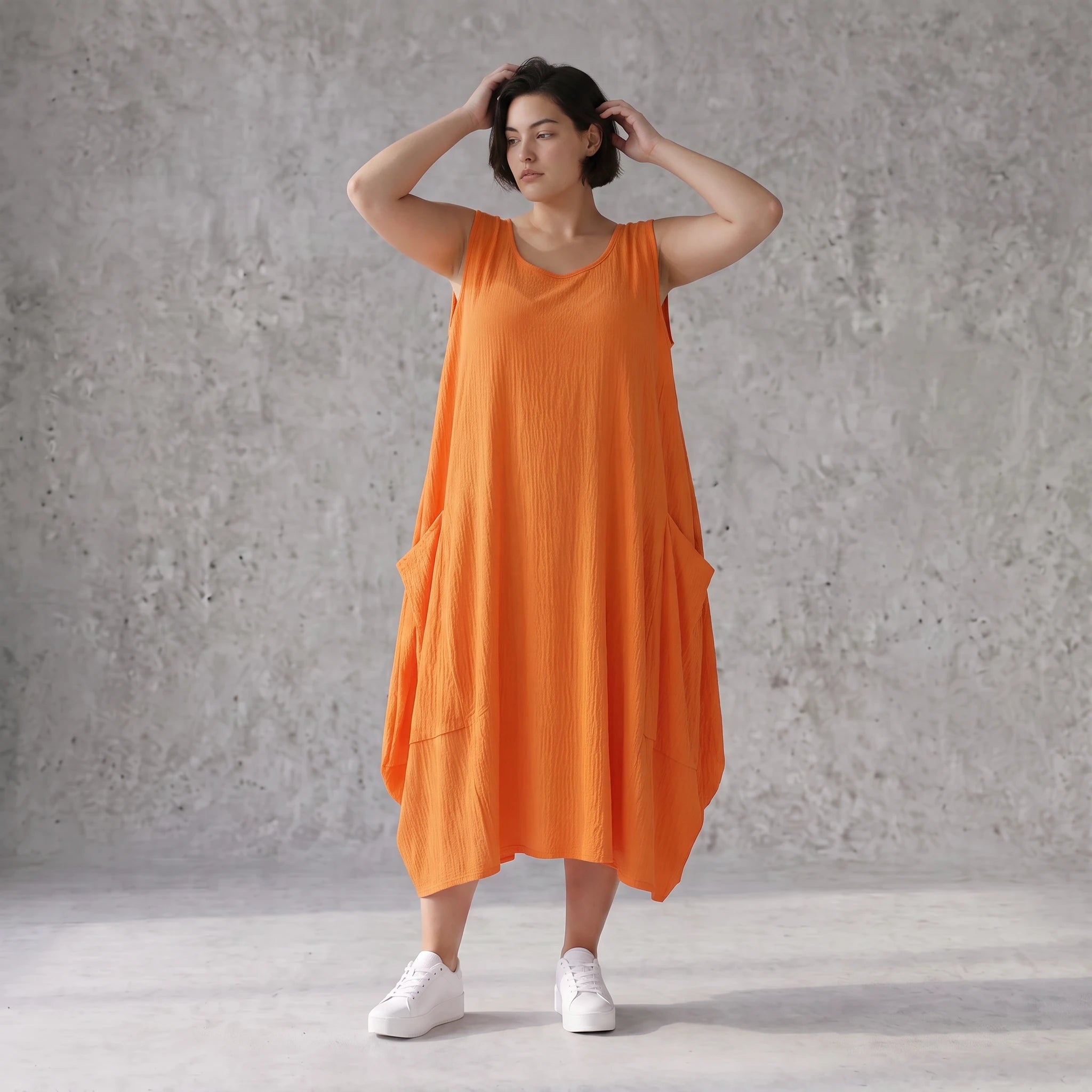 Damen Kleid Avantgarde Viskose Orange, Ballonschnitt, ärmellos, Flügeltaschen, Oversize große Größen – AKH Fashion