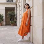Damen Kleid Avantgarde Viskose Orange, Ballonschnitt, ärmellos, Flügeltaschen, Oversize große Größen – AKH Fashion