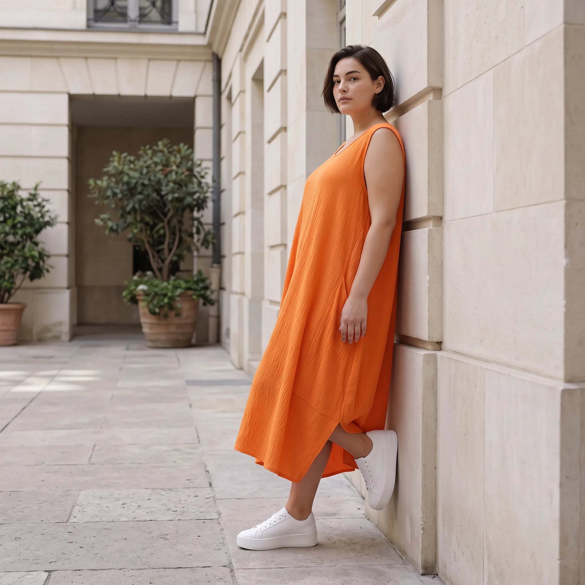 Damen Kleid Avantgarde Viskose Orange, Ballonschnitt, ärmellos, Flügeltaschen, Oversize große Größen – AKH Fashion