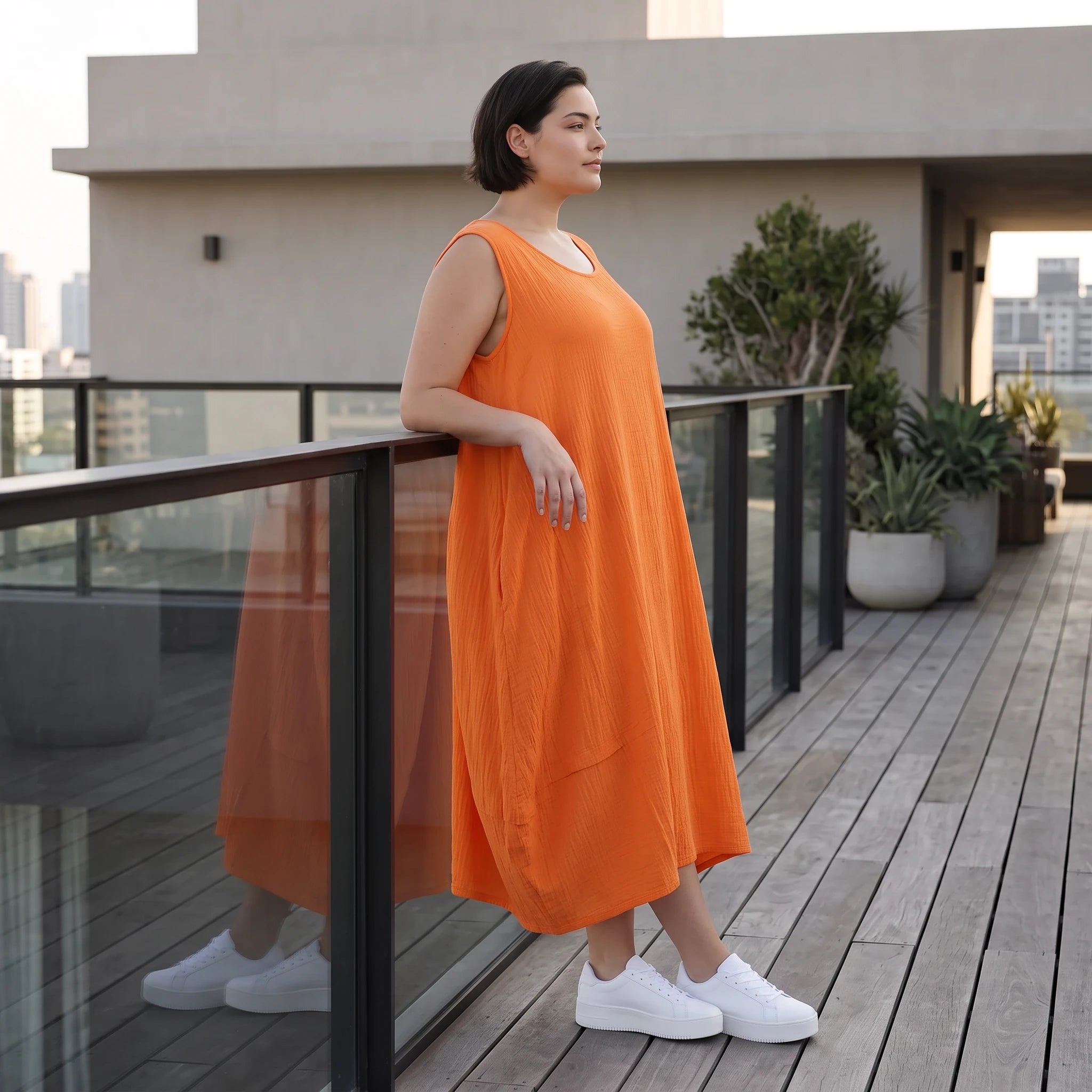 Damen Kleid Avantgarde Viskose Orange, Ballonschnitt, ärmellos, Flügeltaschen, Oversize große Größen – AKH Fashion
