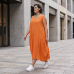Damen Kleid Avantgarde Viskose Orange, Ballonschnitt, ärmellos, Flügeltaschen, Oversize große Größen – AKH Fashion