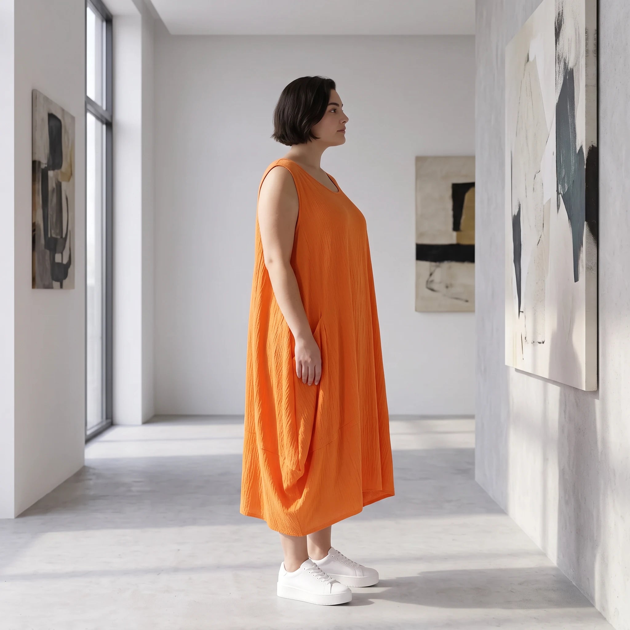 Damen Kleid Avantgarde Viskose Orange, Ballonschnitt, ärmellos, Flügeltaschen, Oversize große Größen – AKH Fashion