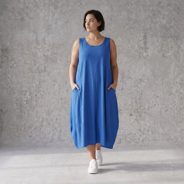 Damen Kleid Avantgarde Viskose Royalblau, Ballonschnitt, ärmellos, Flügeltaschen, Oversize große Größen – AKH Fashion