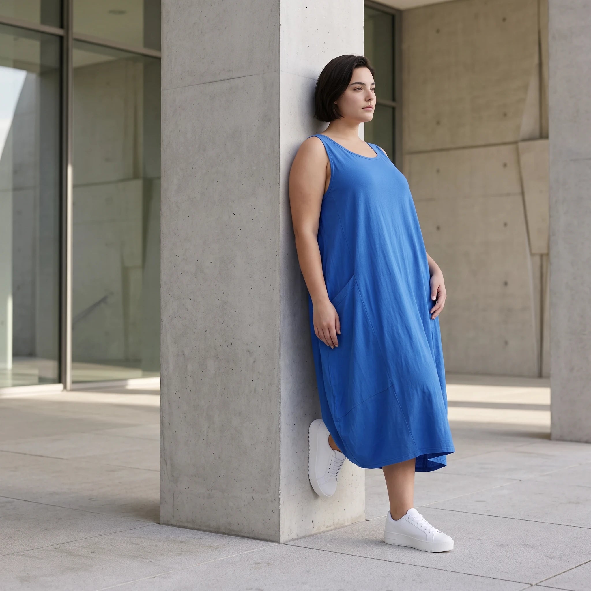 Damen Kleid Avantgarde Viskose Royalblau, Ballonschnitt, ärmellos, Flügeltaschen, Oversize große Größen – AKH Fashion