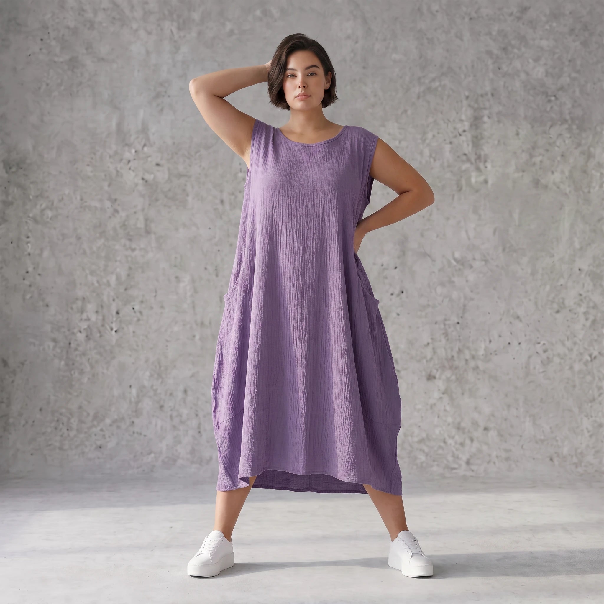 Damen Kleid Avantgarde Viskose Lila, Ballonschnitt, ärmellos, Flügeltaschen, Oversize große Größen – AKH Fashion