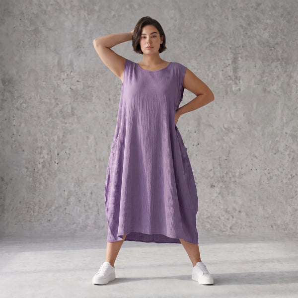 Damen Kleid Avantgarde Viskose Lila, Ballonschnitt, ärmellos, Flügeltaschen, Oversize große Größen – AKH Fashion