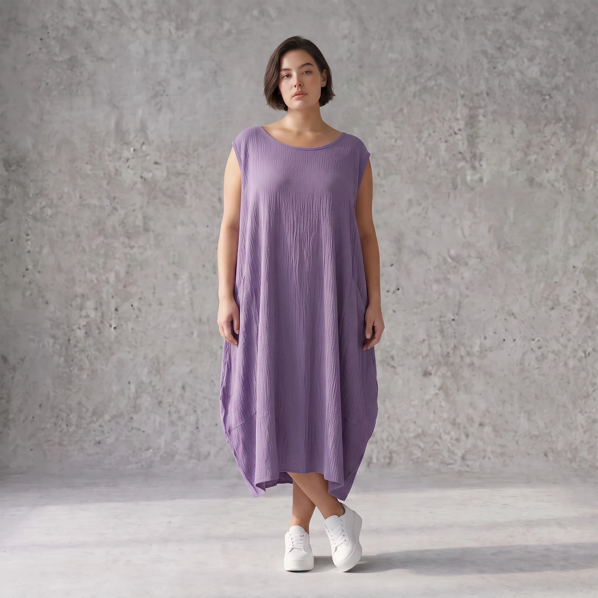 Damen Kleid Avantgarde Viskose Lila, Ballonschnitt, ärmellos, Flügeltaschen, Oversize große Größen – AKH Fashion