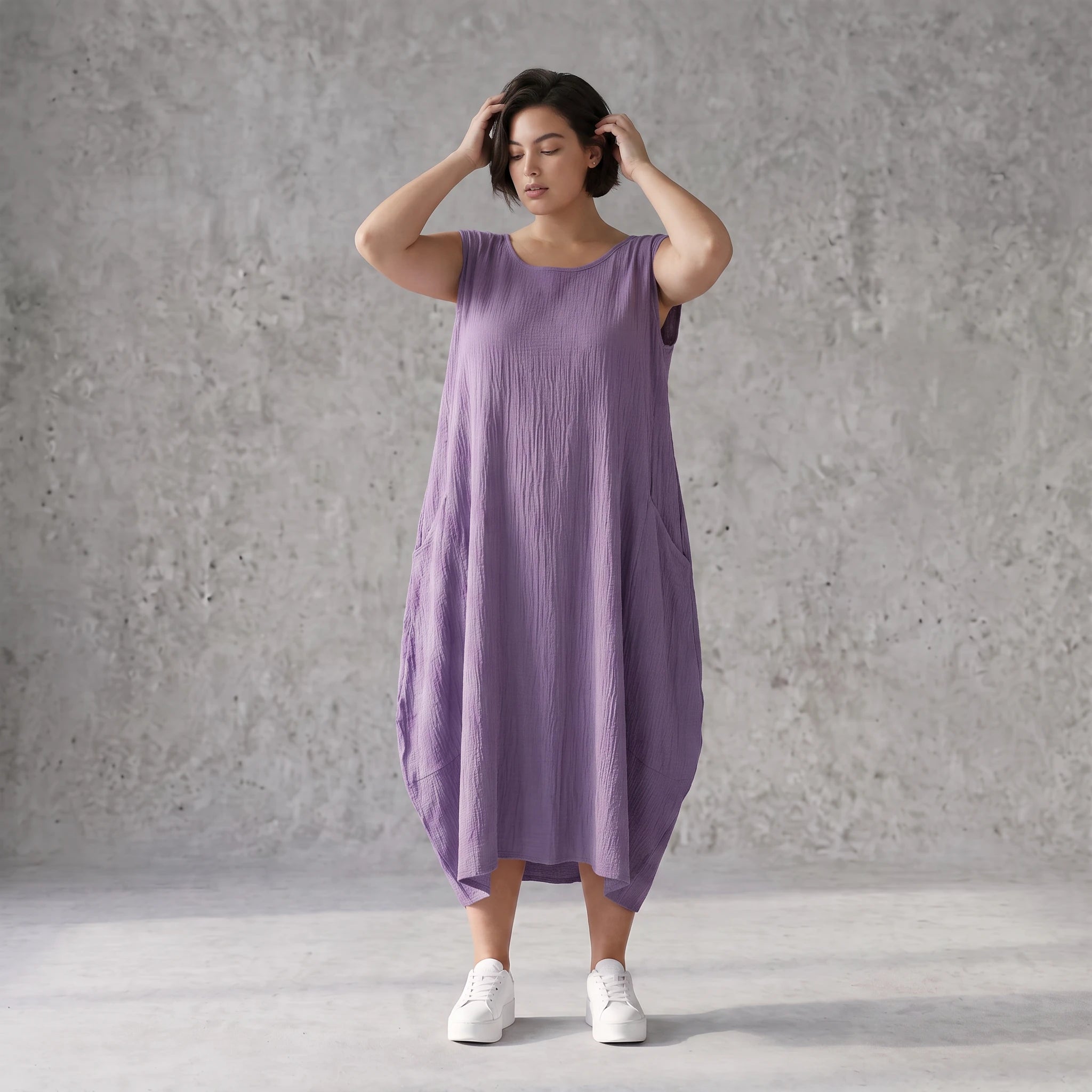 Damen Kleid Avantgarde Viskose Lila, Ballonschnitt, ärmellos, Flügeltaschen, Oversize große Größen – AKH Fashion