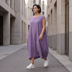 Damen Kleid Avantgarde Viskose Lila, Ballonschnitt, ärmellos, Flügeltaschen, Oversize große Größen – AKH Fashion