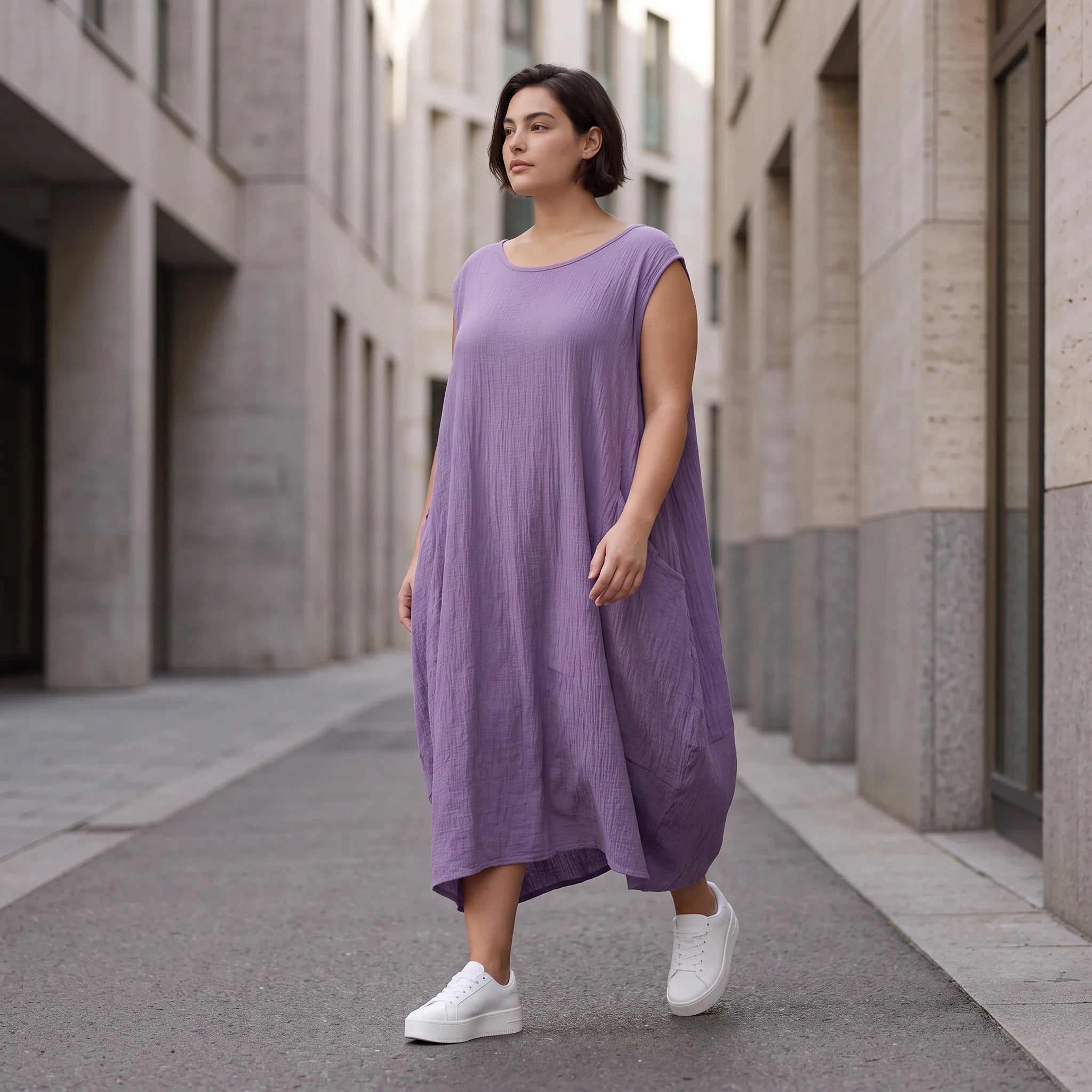 Damen Kleid Avantgarde Viskose Lila, Ballonschnitt, ärmellos, Flügeltaschen, Oversize große Größen – AKH Fashion