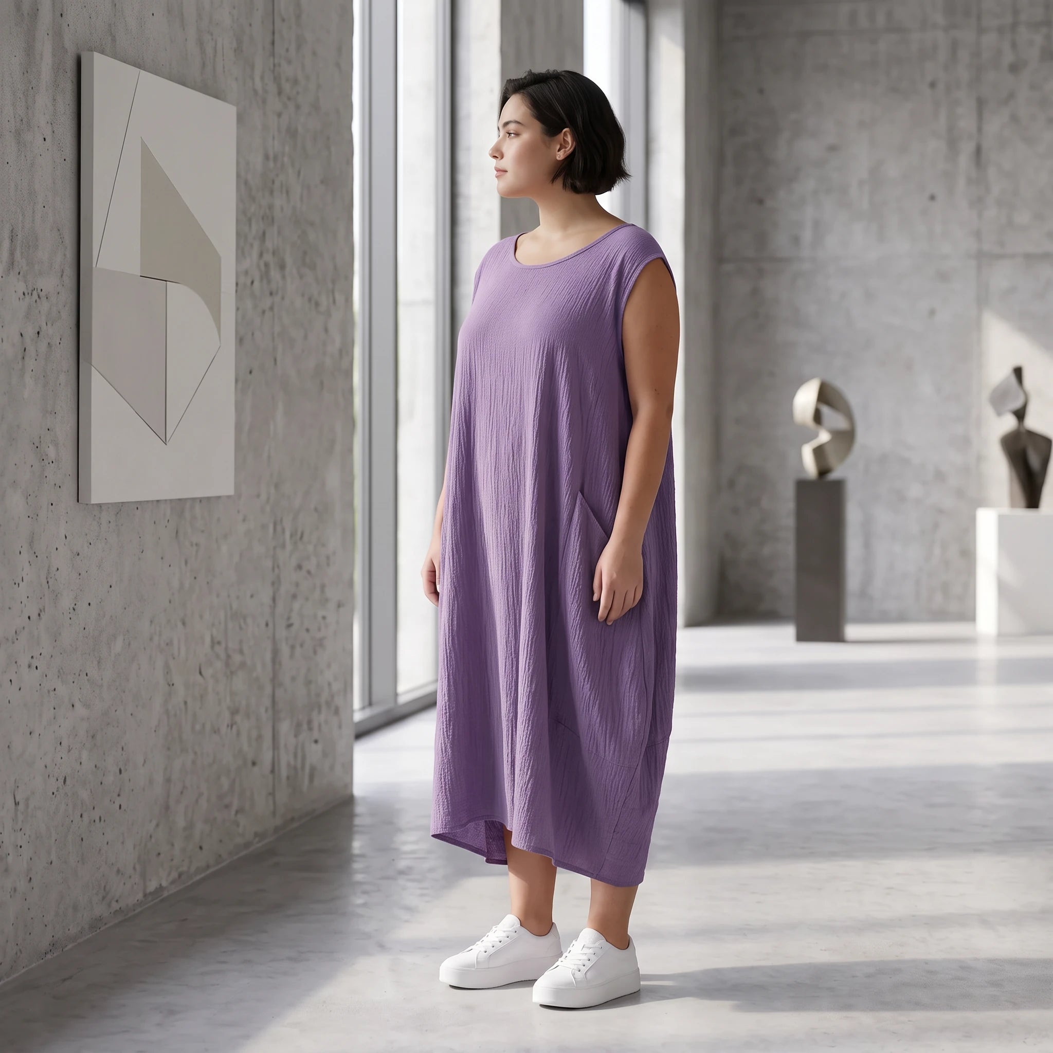 Damen Kleid Avantgarde Viskose Lila, Ballonschnitt, ärmellos, Flügeltaschen, Oversize große Größen – AKH Fashion