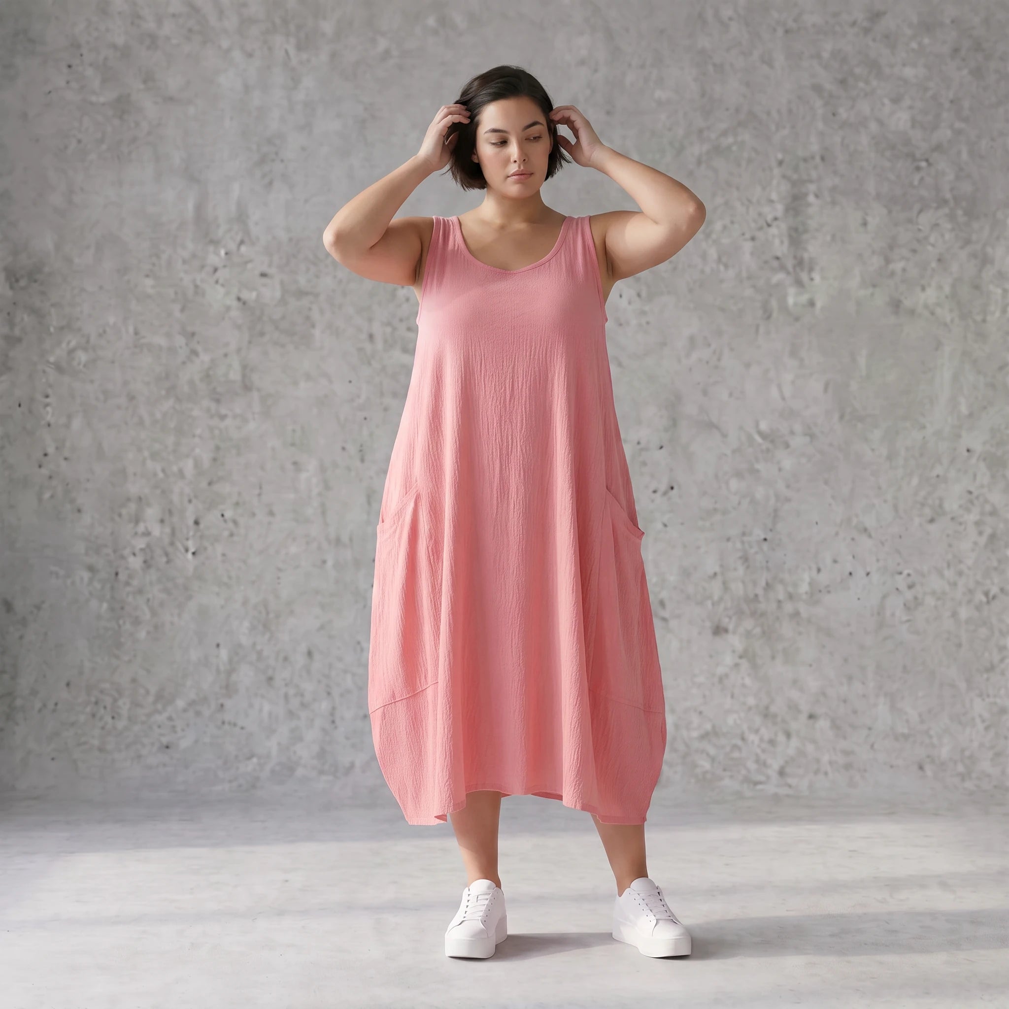 Damen Kleid Avantgarde Viskose Rosa, Ballonschnitt, ärmellos, Oversize große Größen – AKH Fashion