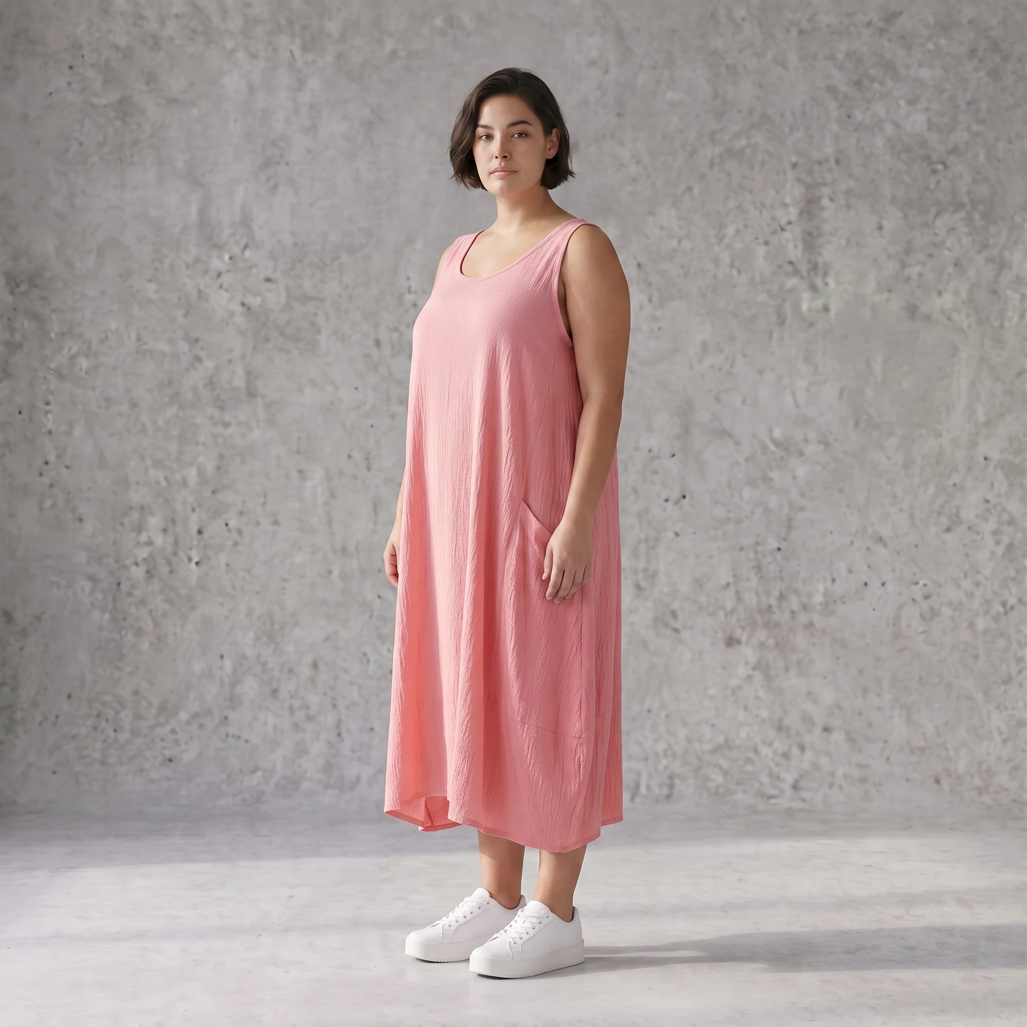 Damen Kleid Avantgarde Viskose Rosa, Ballonschnitt, ärmellos, Oversize große Größen – AKH Fashion