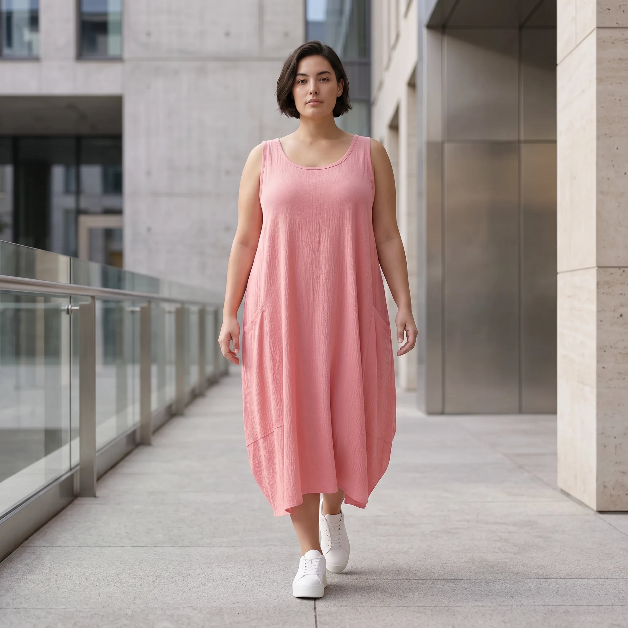 Damen Kleid Avantgarde Viskose Rosa, Ballonschnitt, ärmellos, Oversize große Größen – AKH Fashion