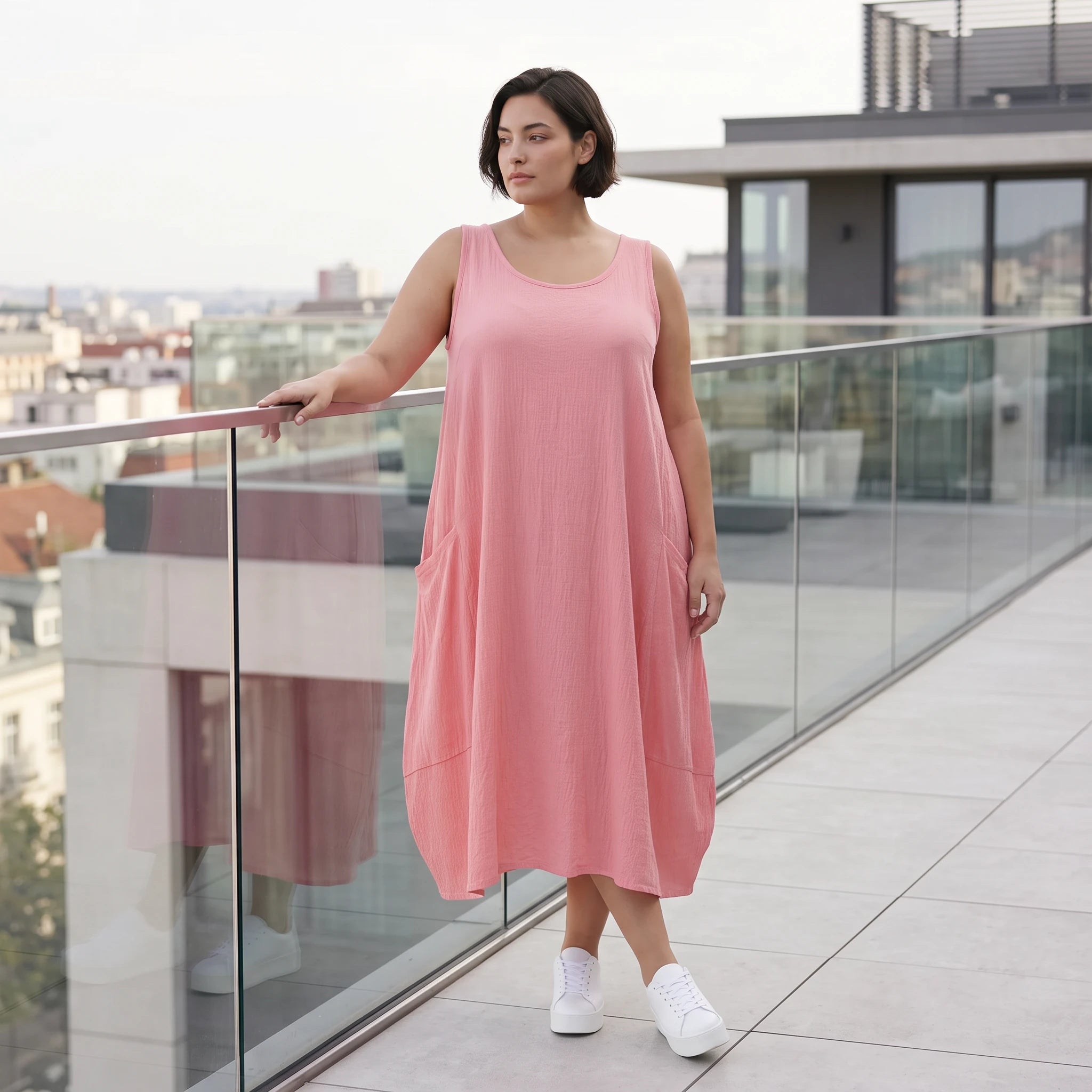 Damen Kleid Avantgarde Viskose Rosa, Ballonschnitt, ärmellos, Oversize große Größen – AKH Fashion