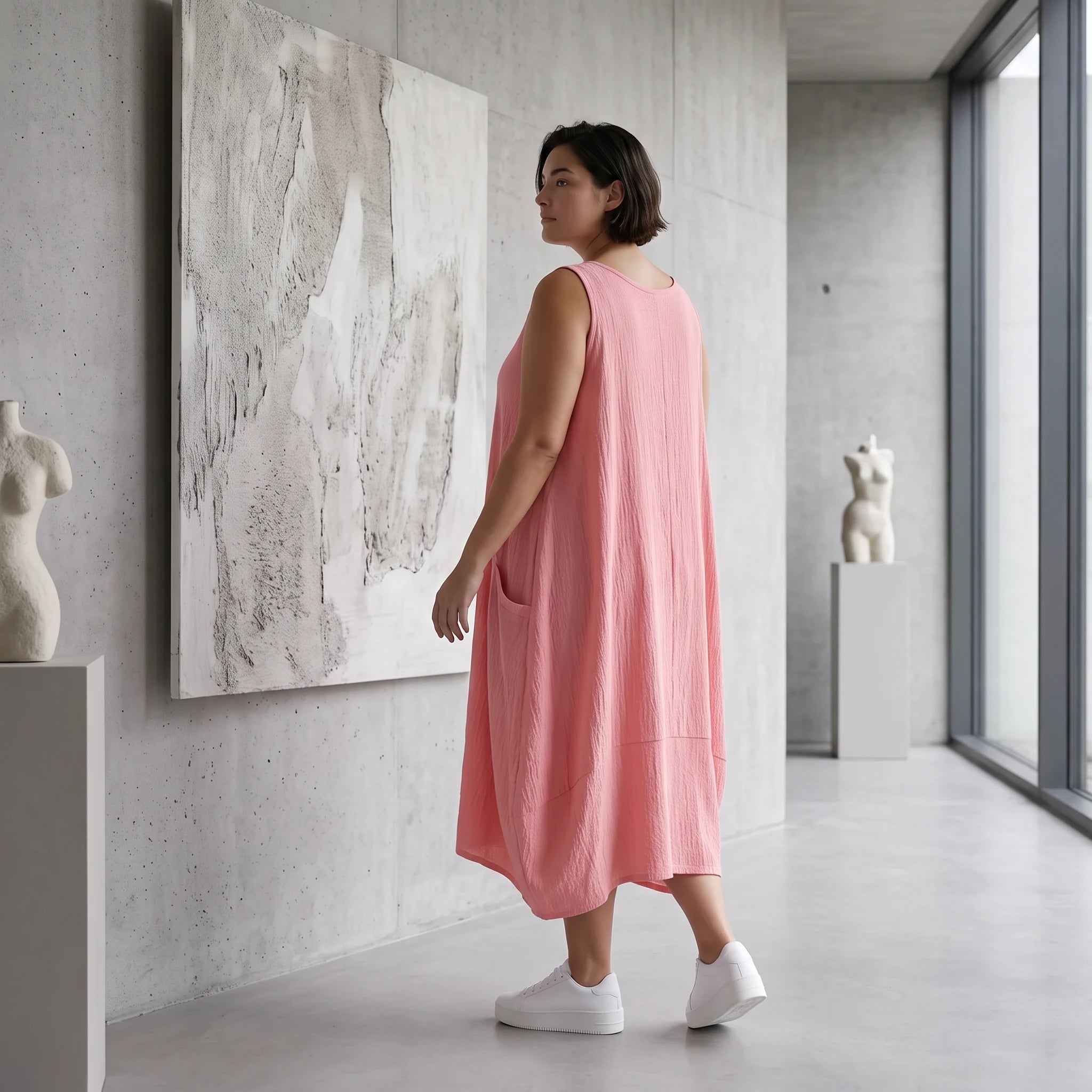 Damen Kleid Avantgarde Viskose Rosa, Ballonschnitt, ärmellos, Oversize große Größen – AKH Fashion
