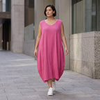 Damen Kleid Avantgarde Viskose Fuchsia, Ballonschnitt, ärmellos, Flügeltaschen, Oversize große Größen – AKH Fashion