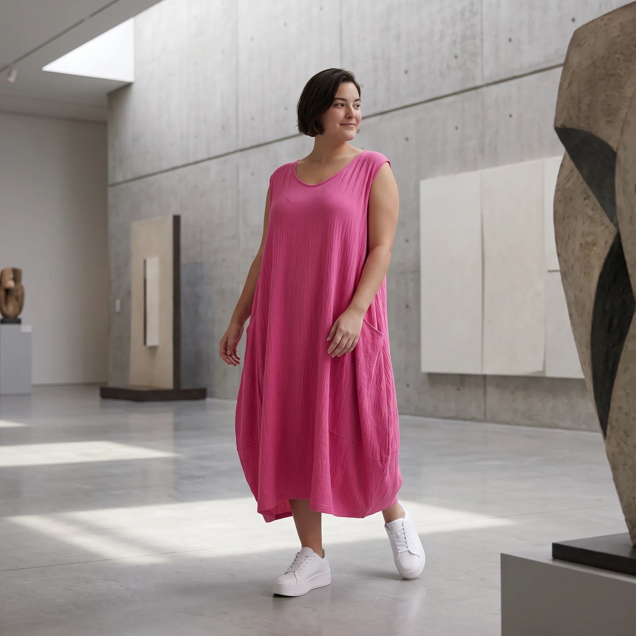 Damen Kleid Avantgarde Viskose Fuchsia, Ballonschnitt, ärmellos, Flügeltaschen, Oversize große Größen – AKH Fashion