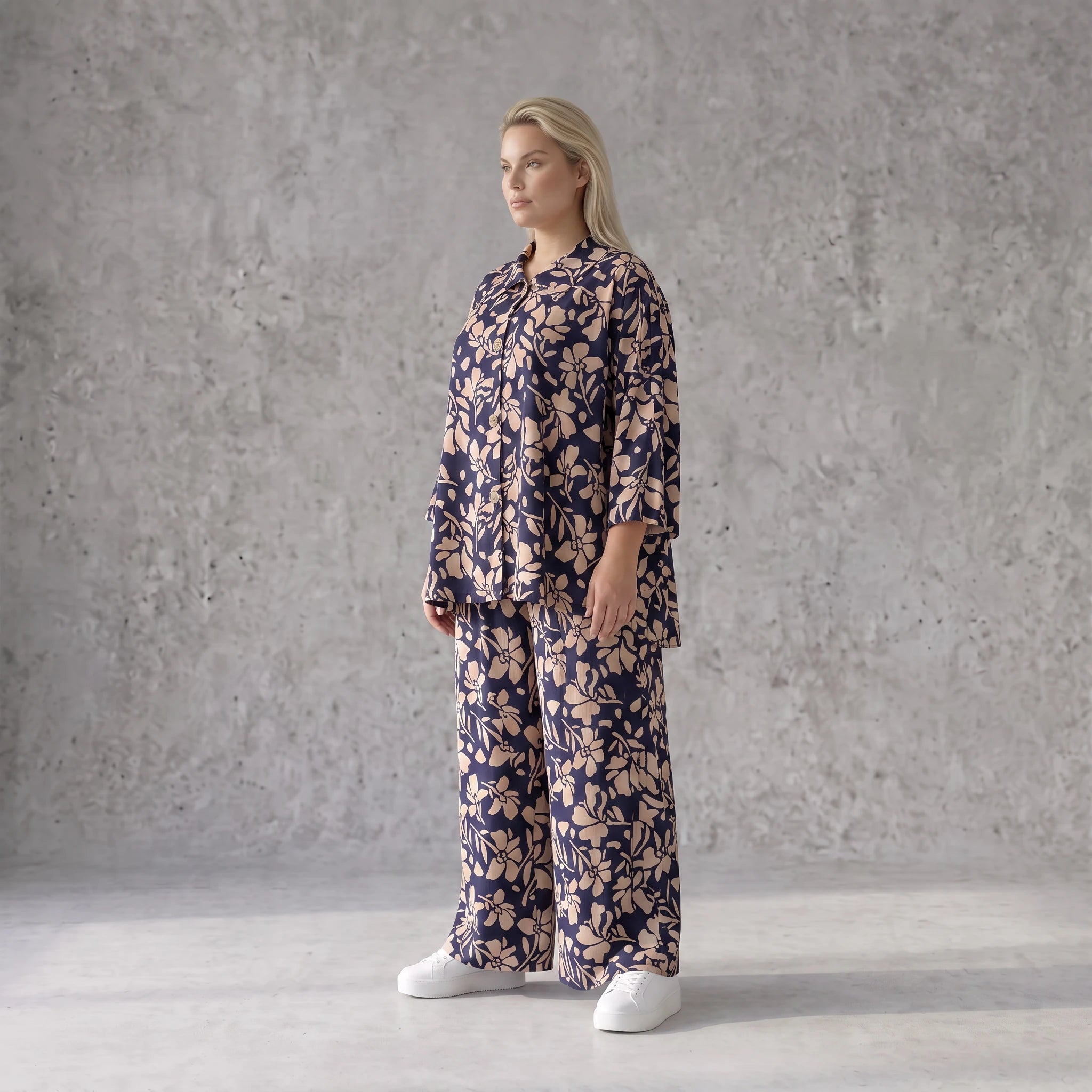 Damen Bluse Avantgarde Viskose Marine/Rose, Knopfverschluss, Oversize große Größen – AKH Fashion