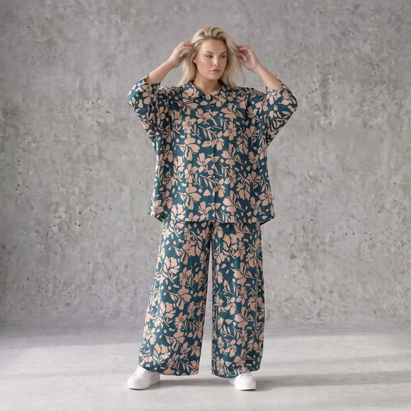 Damen Bluse Avantgarde Viskose Petrol/Rose, locker fallend, angeschnitten, Hemdkragen, Oversize große Größen – AKH Fashion