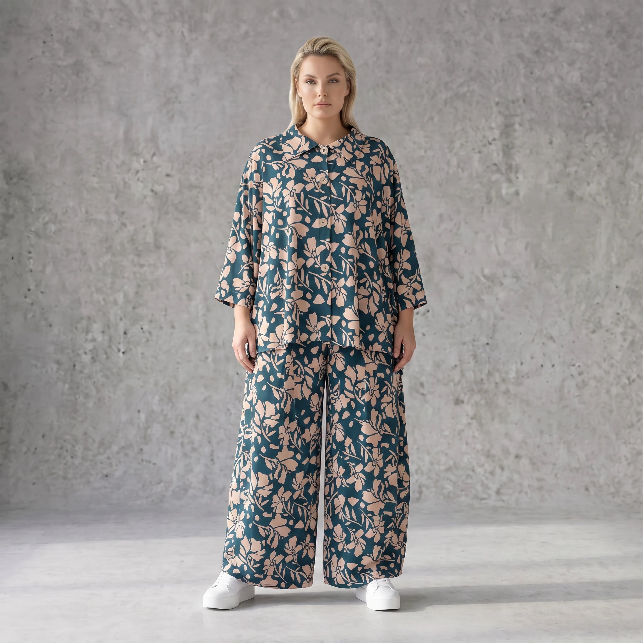 Damen Bluse Avantgarde Viskose Petrol/Rose, locker fallend, angeschnitten, Hemdkragen, Oversize große Größen – AKH Fashion