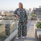 Damen Bluse Avantgarde Viskose Petrol/Rose, locker fallend, angeschnitten, Hemdkragen, Oversize große Größen – AKH Fashion