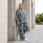 Damen Bluse Avantgarde Viskose Petrol/Rose, locker fallend, angeschnitten, Hemdkragen, Oversize große Größen – AKH Fashion