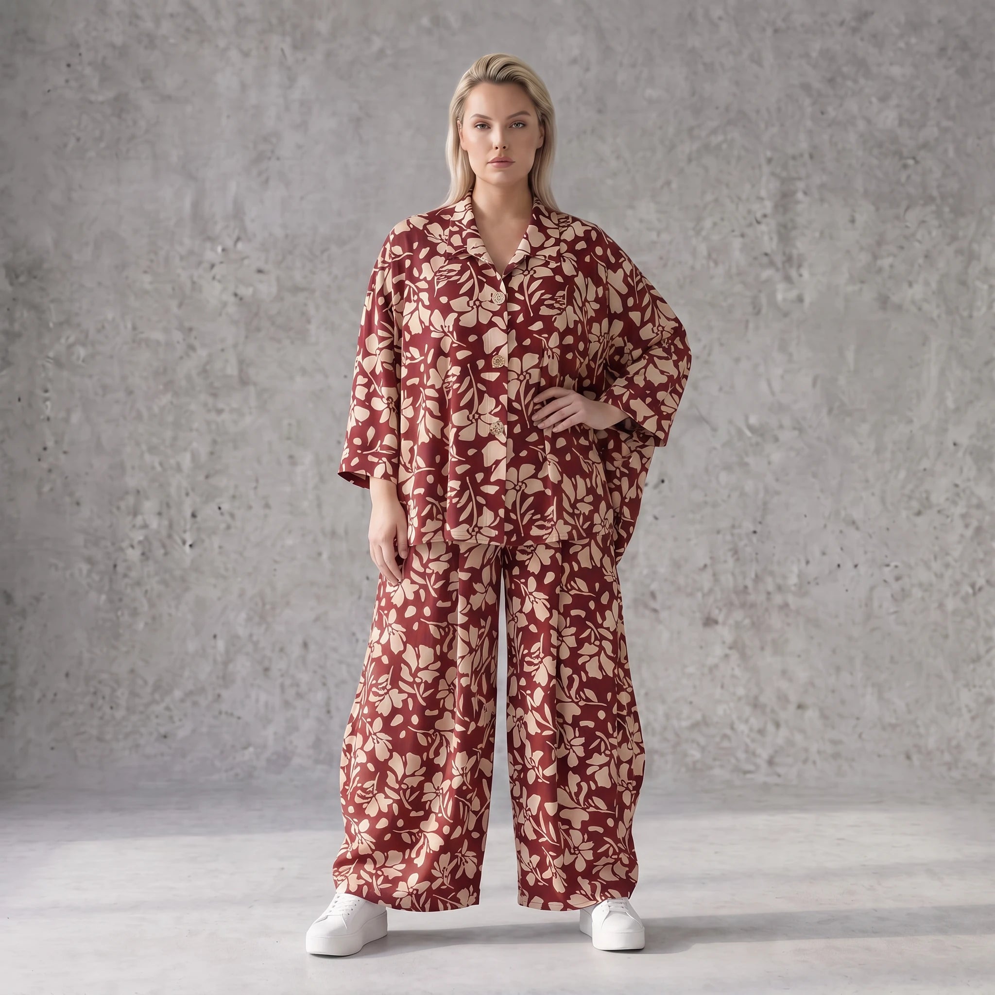 Damen Bluse Avantgarde Viskose Weinrot/Rose, fließend, angeschnitten, Knopfleiste, Oversize große Größen – AKH Fashion