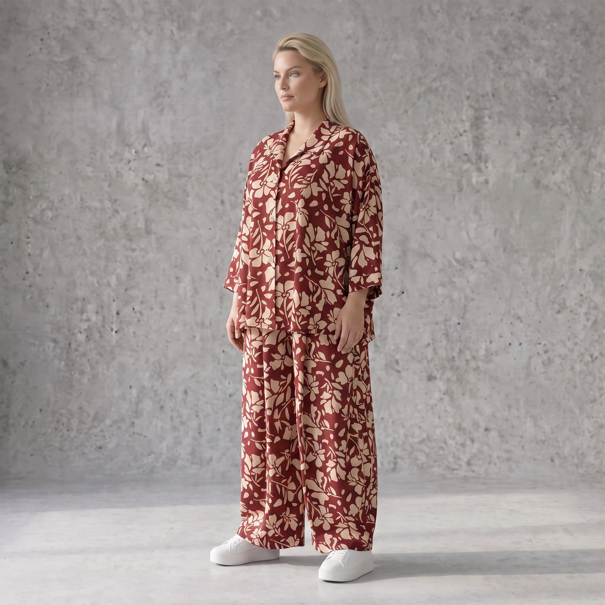 Damen Bluse Avantgarde Viskose Weinrot/Rose, fließend, angeschnitten, Knopfleiste, Oversize große Größen – AKH Fashion