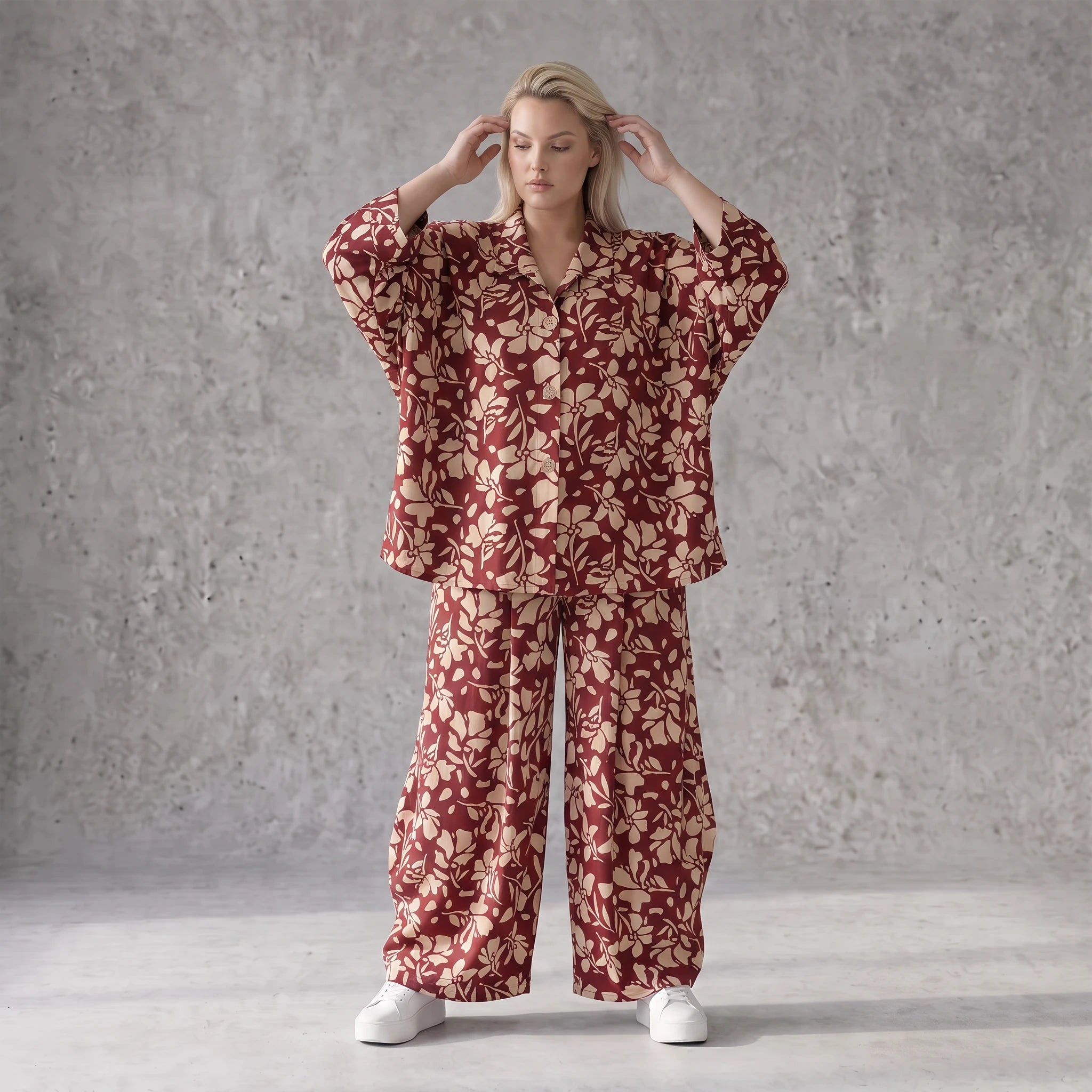 Damen Bluse Avantgarde Viskose Weinrot/Rose, fließend, angeschnitten, Knopfleiste, Oversize große Größen – AKH Fashion