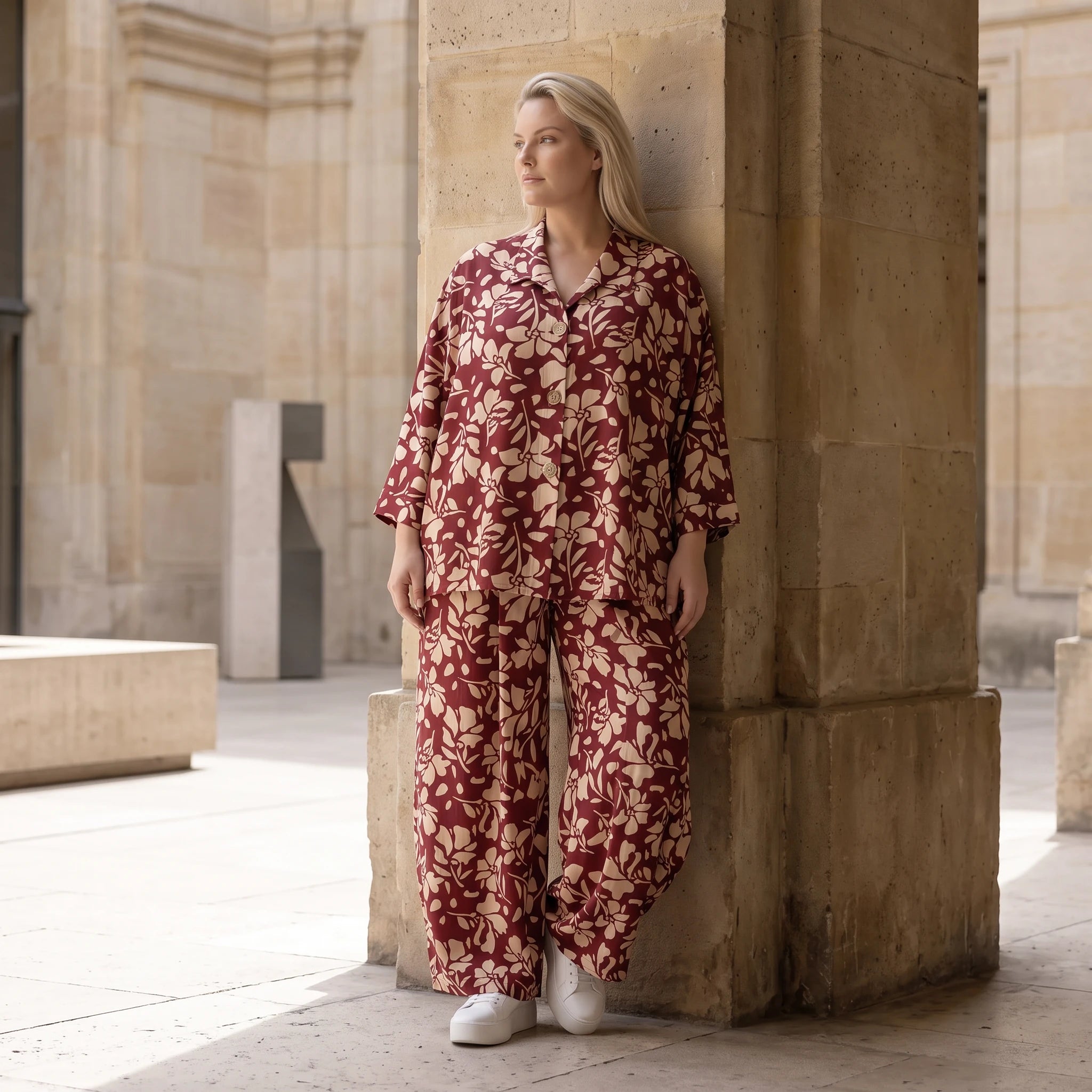 Damen Bluse Avantgarde Viskose Weinrot/Rose, fließend, angeschnitten, Knopfleiste, Oversize große Größen – AKH Fashion