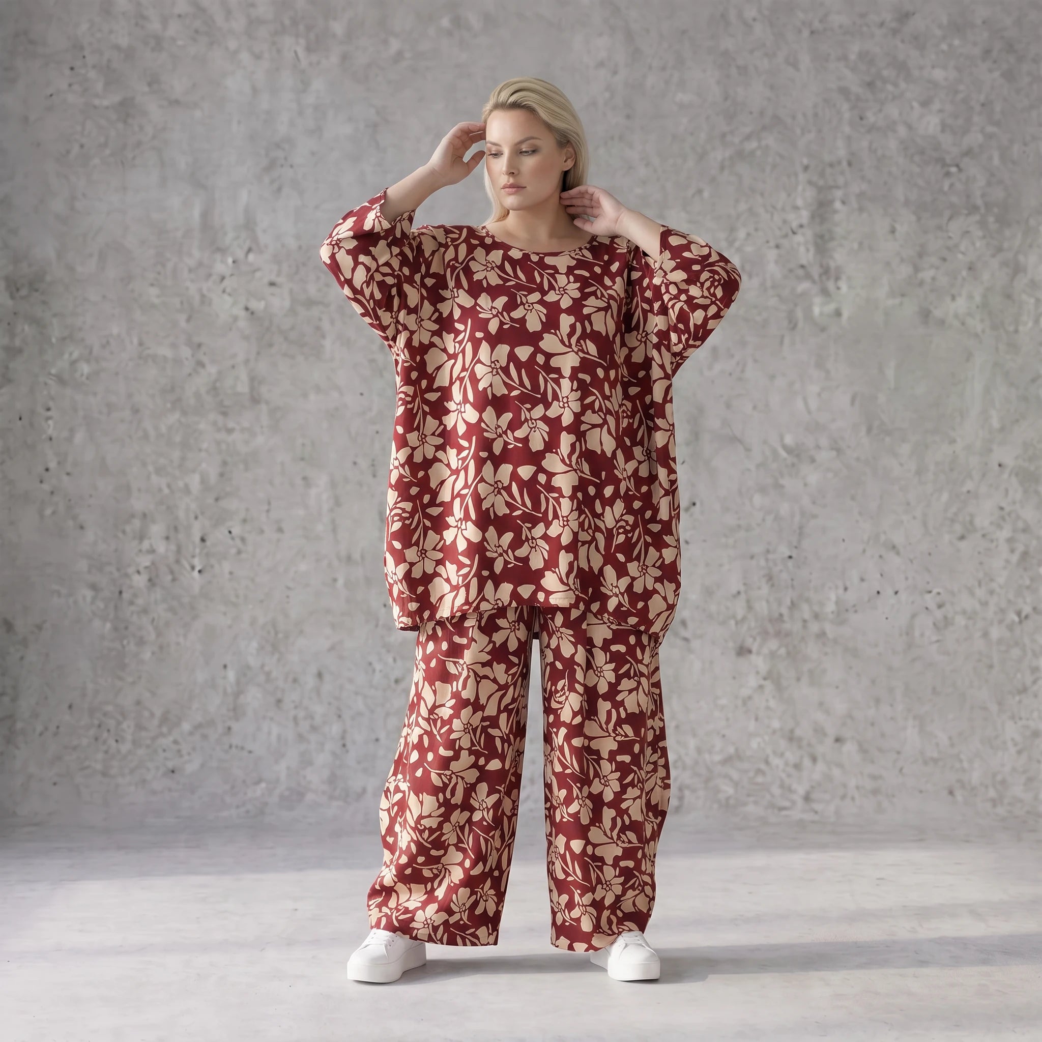 Damen Shirt Avantgarde Viskose Weinrot/Rose, A-Linie, Seitennahttaschen, Oversize große Größen – AKH Fashion