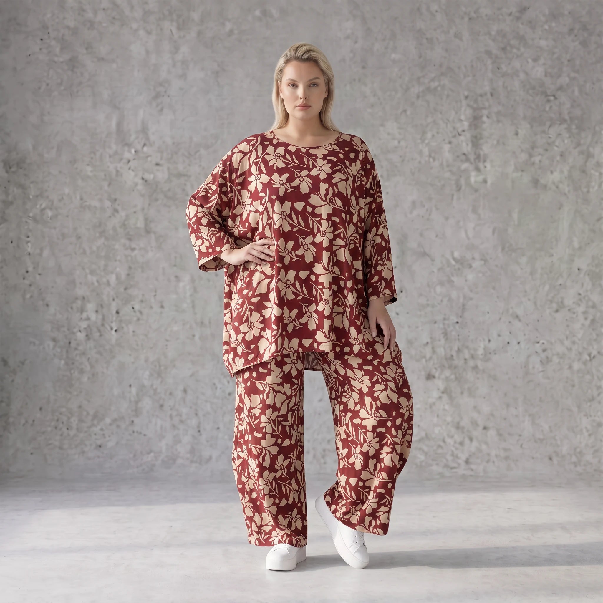 Damen Shirt Avantgarde Viskose Weinrot/Rose, A-Linie, Seitennahttaschen, Oversize große Größen – AKH Fashion
