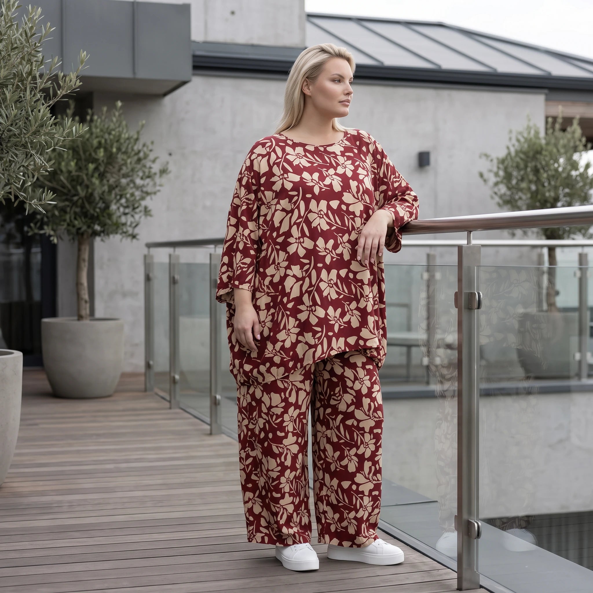 Damen Shirt Avantgarde Viskose Weinrot/Rose, A-Linie, Seitennahttaschen, Oversize große Größen – AKH Fashion