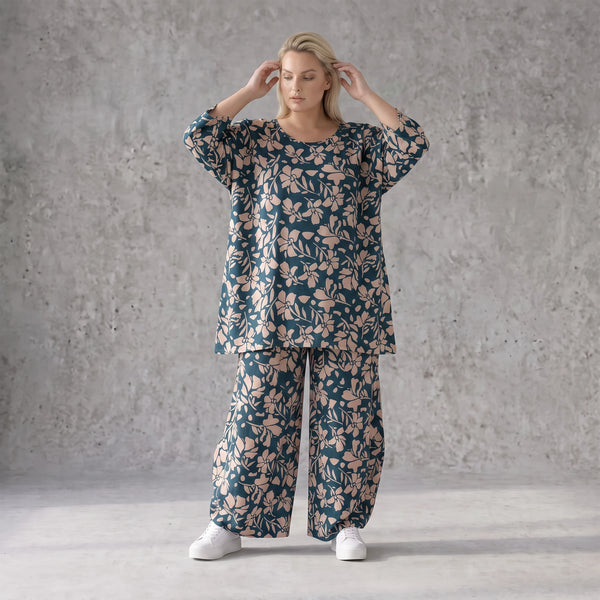 Damen Shirt Avantgarde Viskose Petrol/Rose, A-Linie, 3/4-Arm, Seitentaschen, Oversize große Größen – AKH Fashion