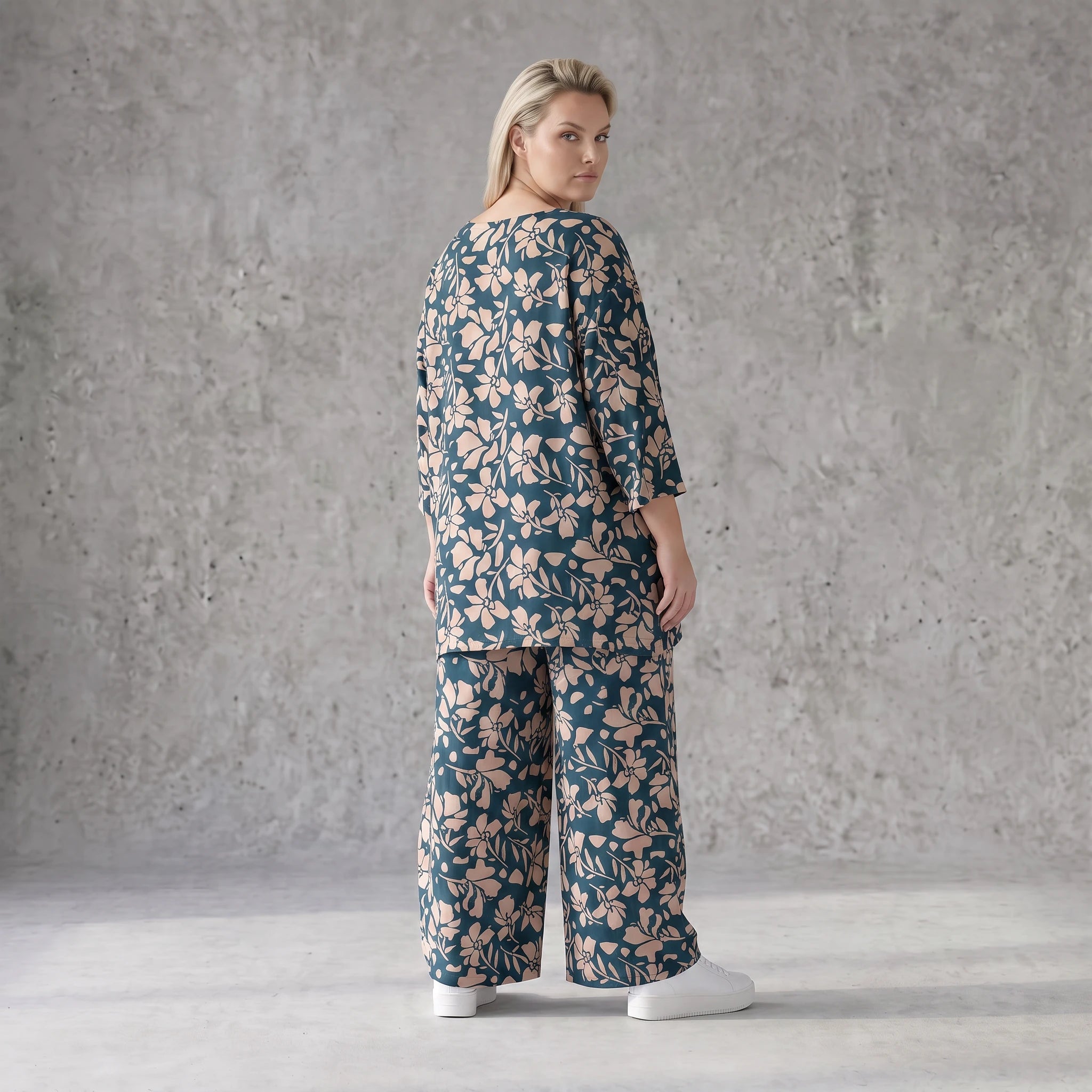 Damen Shirt Avantgarde Viskose Petrol/Rose, A-Linie, 3/4-Arm, Seitentaschen, Oversize große Größen – AKH Fashion