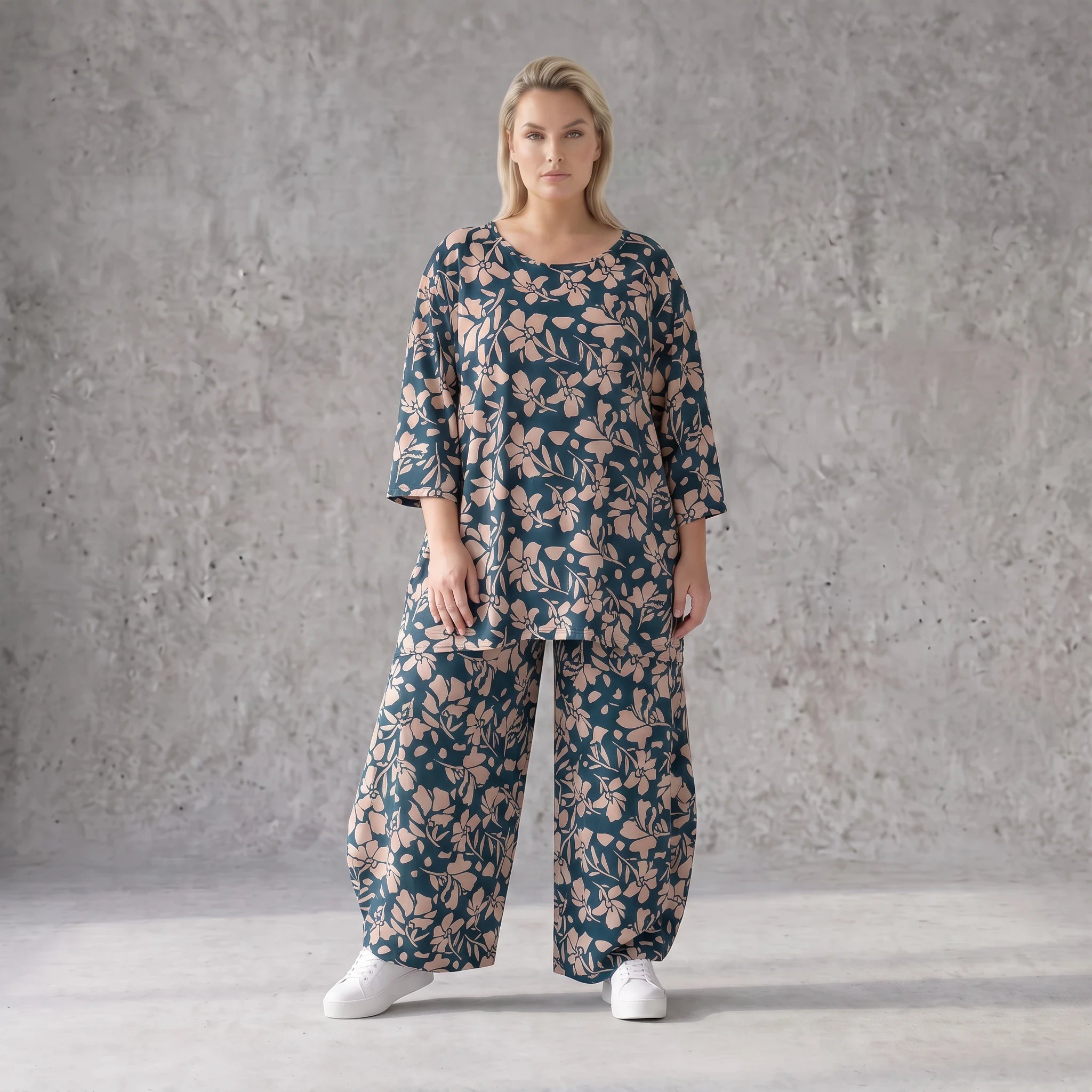 Damen Shirt Avantgarde Viskose Petrol/Rose, A-Linie, 3/4-Arm, Seitentaschen, Oversize große Größen – AKH Fashion