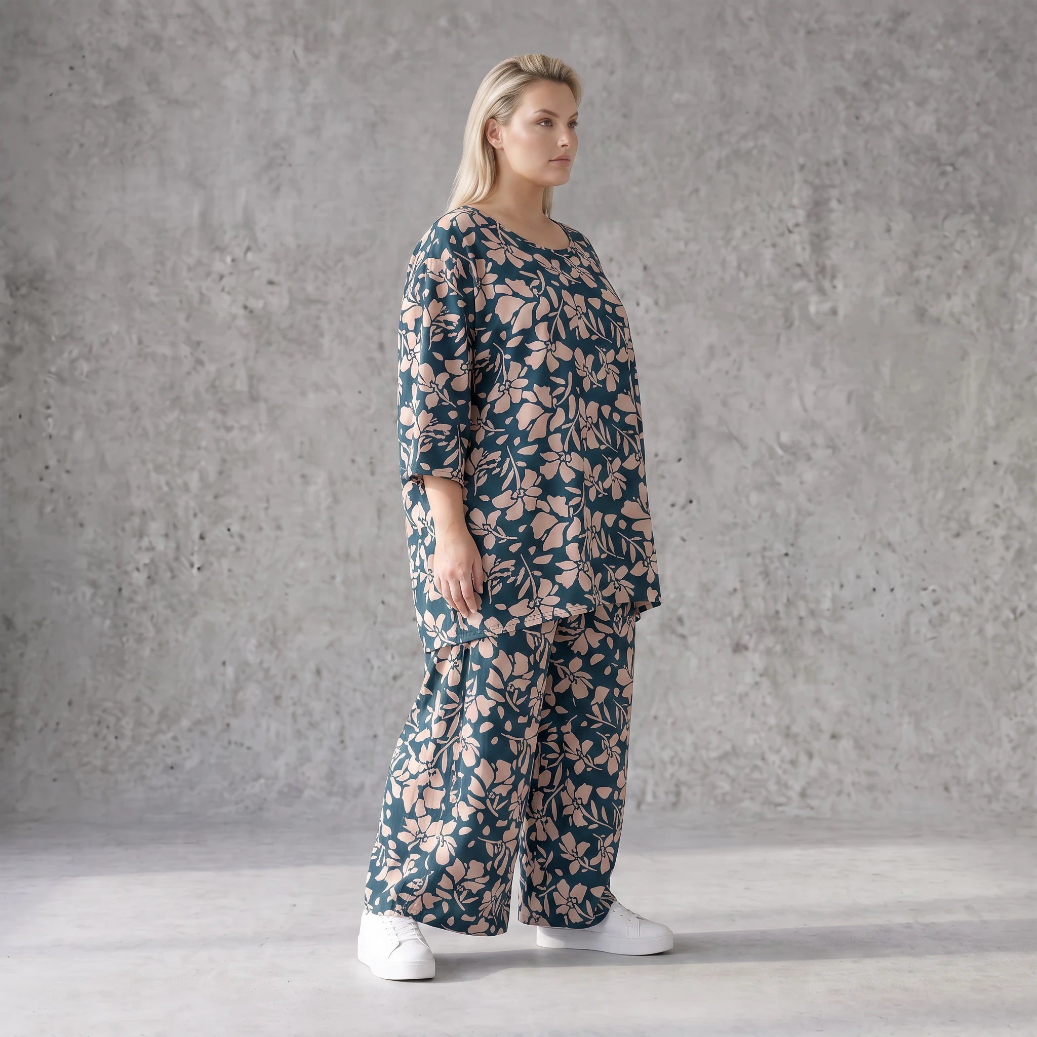 Damen Shirt Avantgarde Viskose Petrol/Rose, A-Linie, 3/4-Arm, Seitentaschen, Oversize große Größen – AKH Fashion