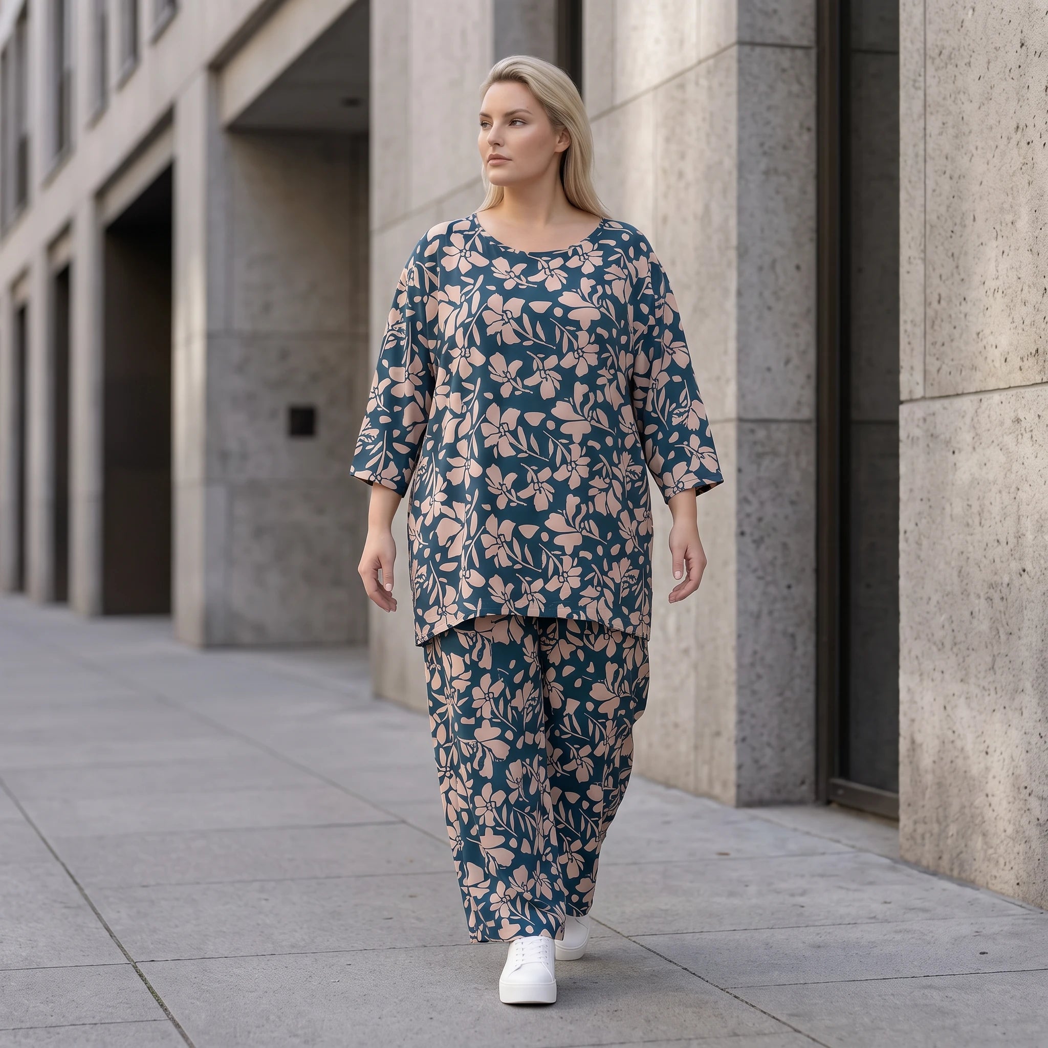 Damen Shirt Avantgarde Viskose Petrol/Rose, A-Linie, 3/4-Arm, Seitentaschen, Oversize große Größen – AKH Fashion