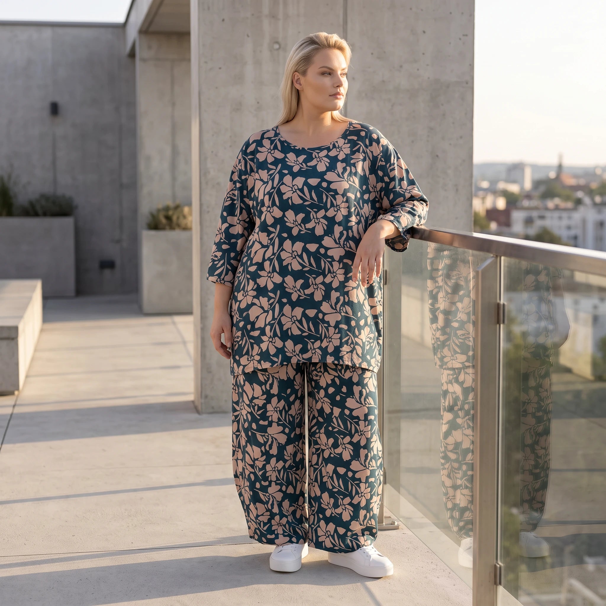 Damen Shirt Avantgarde Viskose Petrol/Rose, A-Linie, 3/4-Arm, Seitentaschen, Oversize große Größen – AKH Fashion