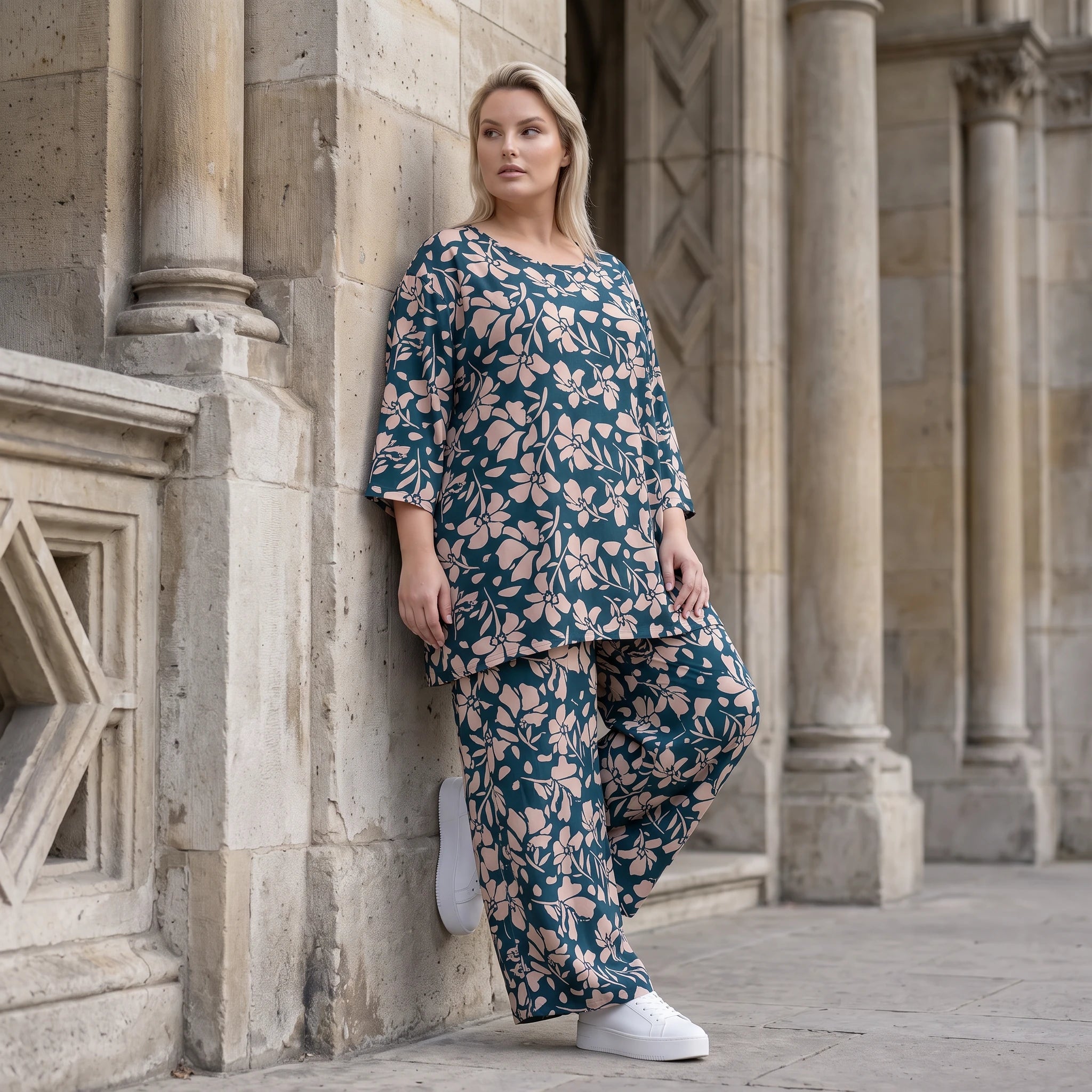 Damen Shirt Avantgarde Viskose Petrol/Rose, A-Linie, 3/4-Arm, Seitentaschen, Oversize große Größen – AKH Fashion