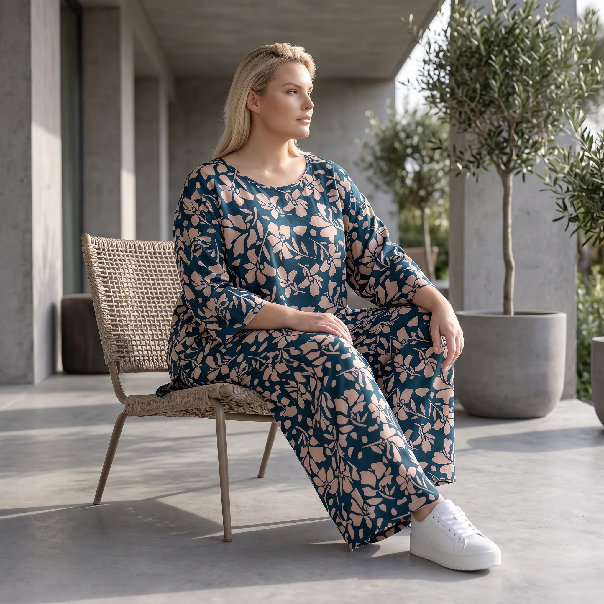 Damen Shirt Avantgarde Viskose Petrol/Rose, A-Linie, 3/4-Arm, Seitentaschen, Oversize große Größen – AKH Fashion