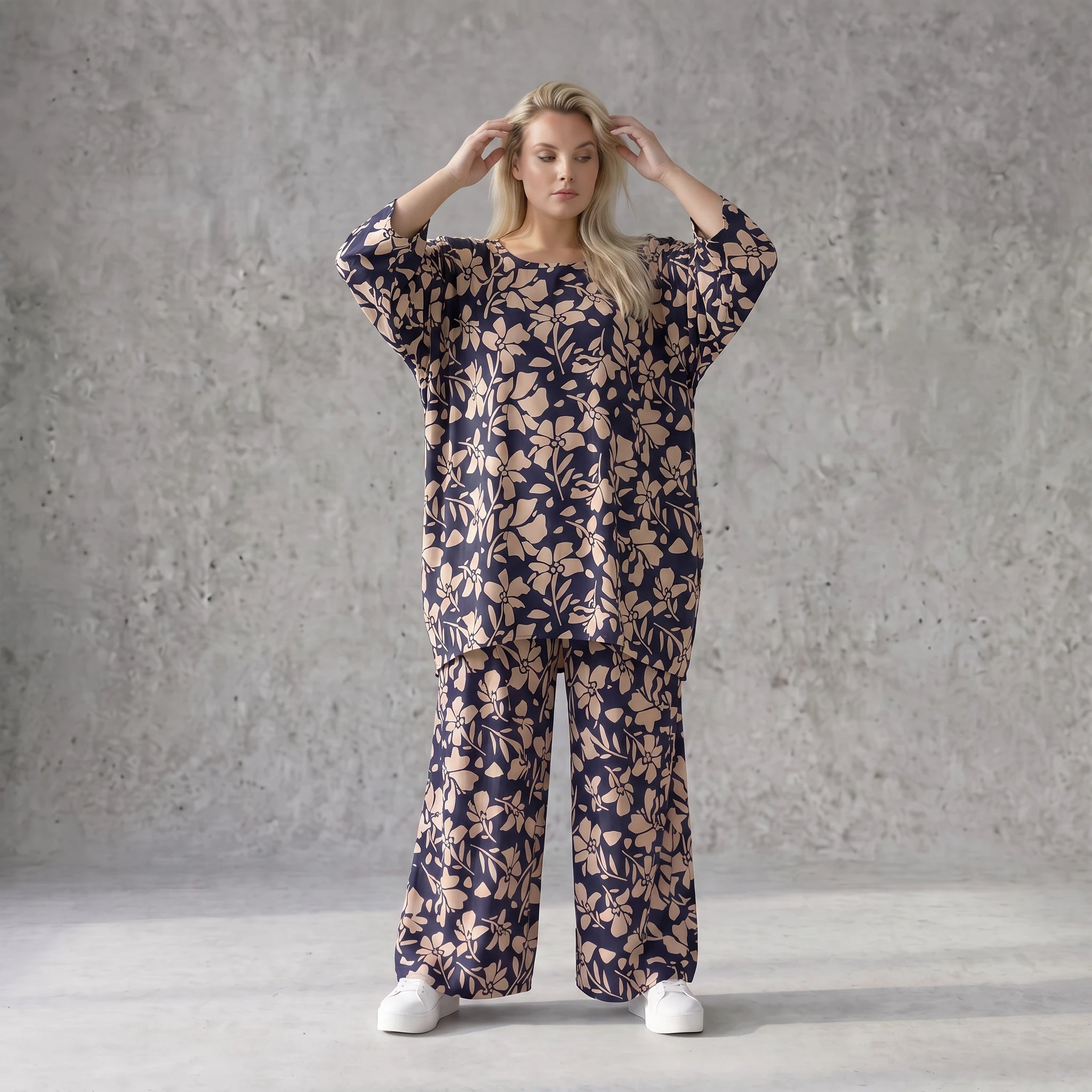 Damen Shirt Avantgarde Viskose Marine/Rose, A-Linie, 3/4-Arm, Seitentaschen, Oversize große Größen – AKH Fashion