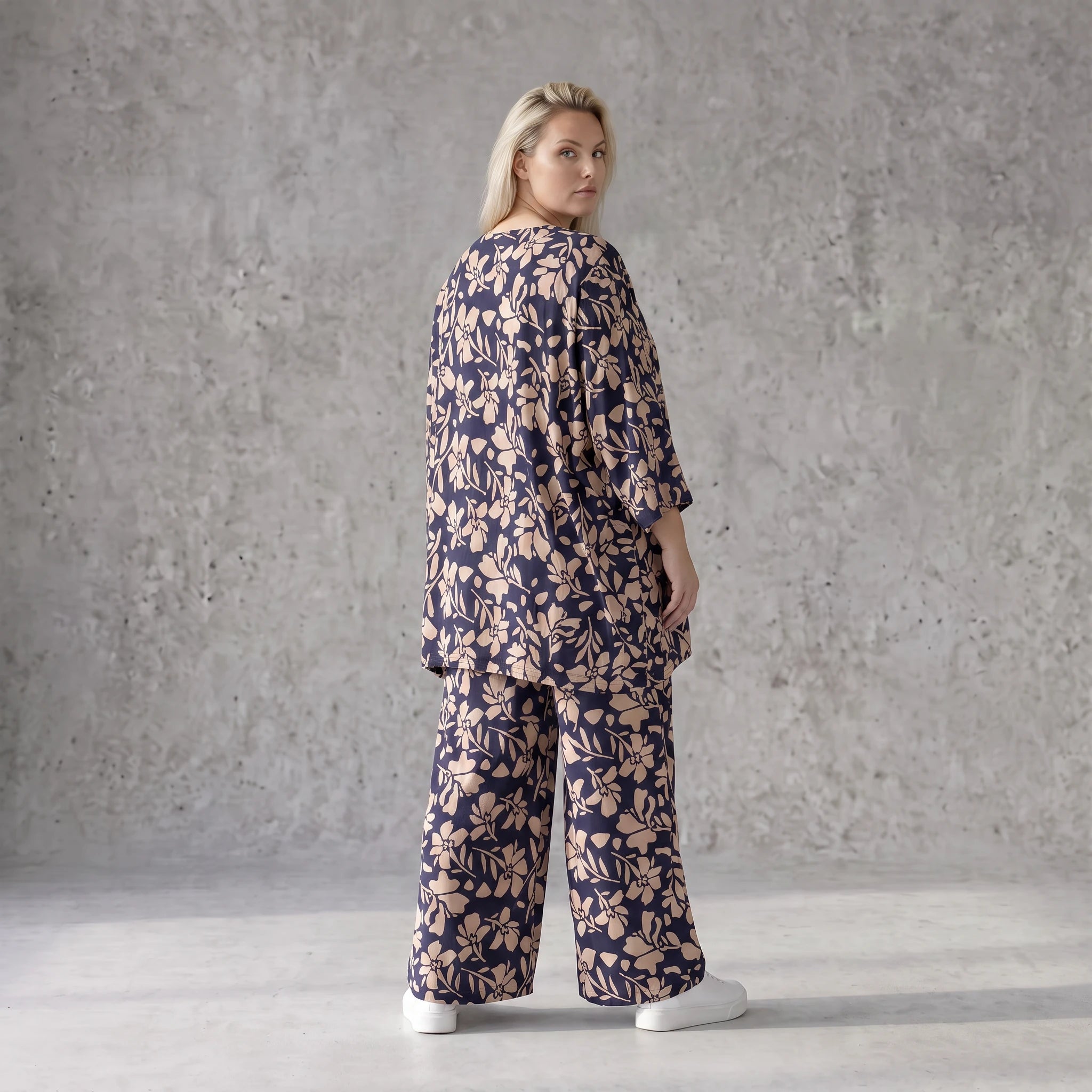 Damen Shirt Avantgarde Viskose Marine/Rose, A-Linie, 3/4-Arm, Seitentaschen, Oversize große Größen – AKH Fashion