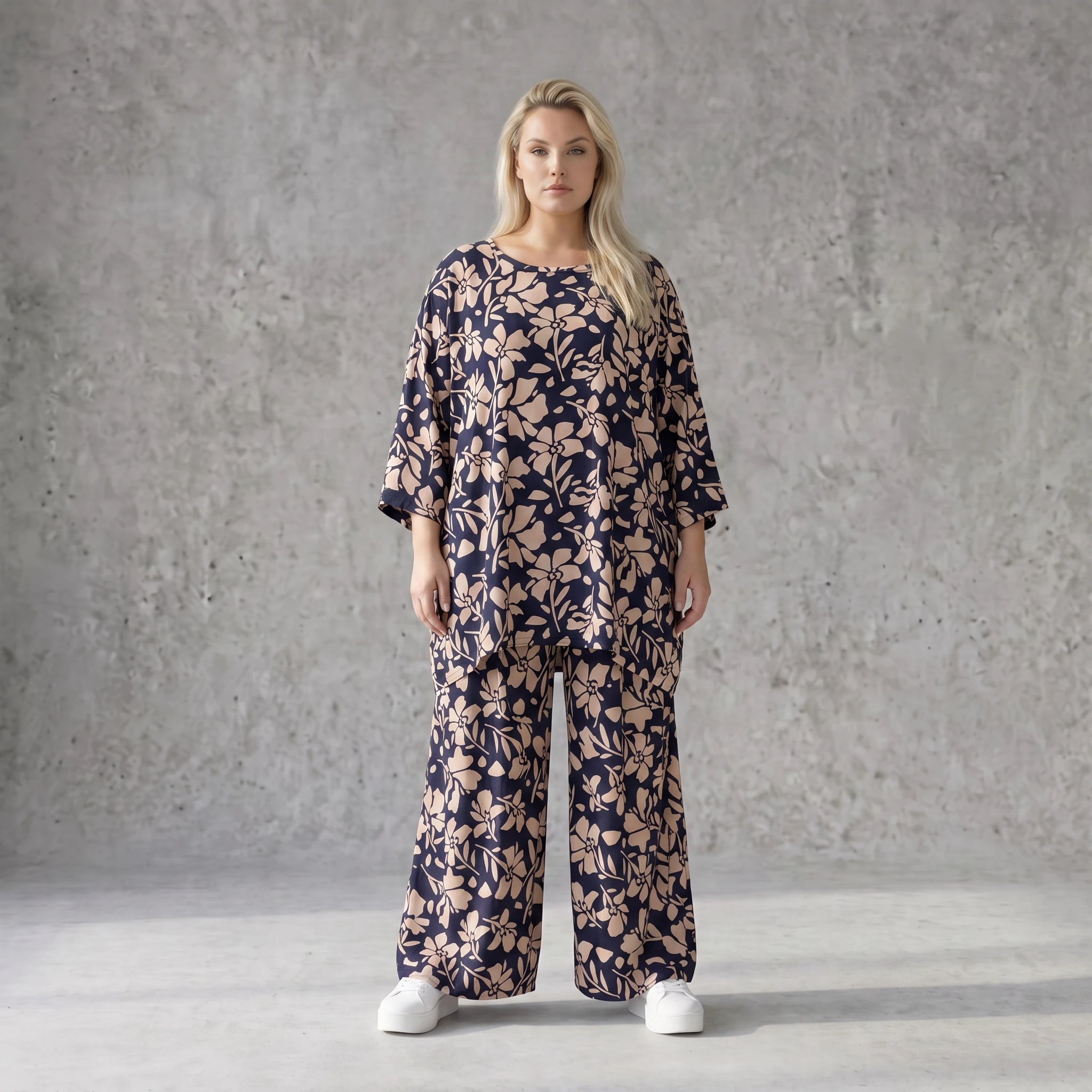 Damen Shirt Avantgarde Viskose Marine/Rose, A-Linie, 3/4-Arm, Seitentaschen, Oversize große Größen – AKH Fashion