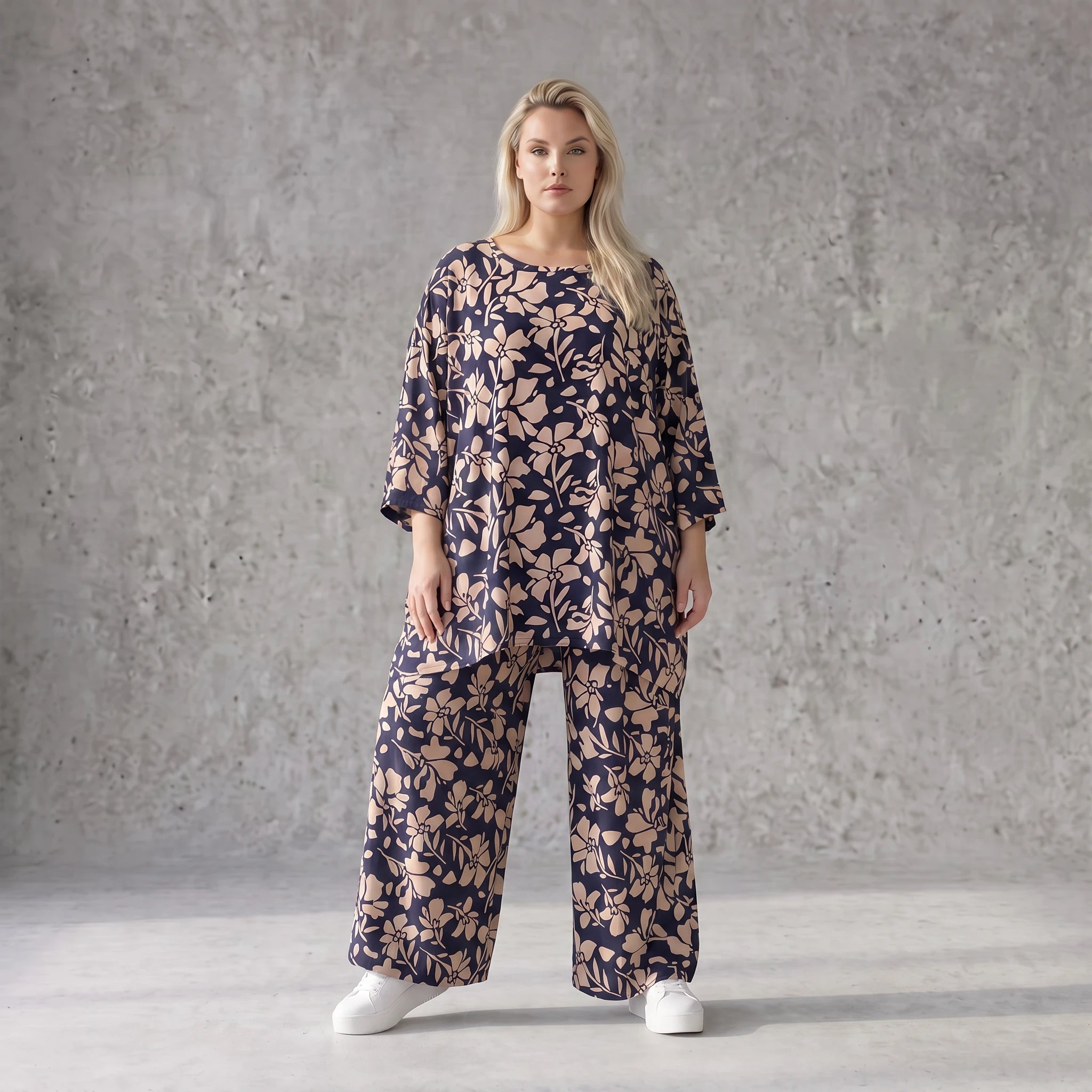 Damen Shirt Avantgarde Viskose Marine/Rose, A-Linie, 3/4-Arm, Seitentaschen, Oversize große Größen – AKH Fashion