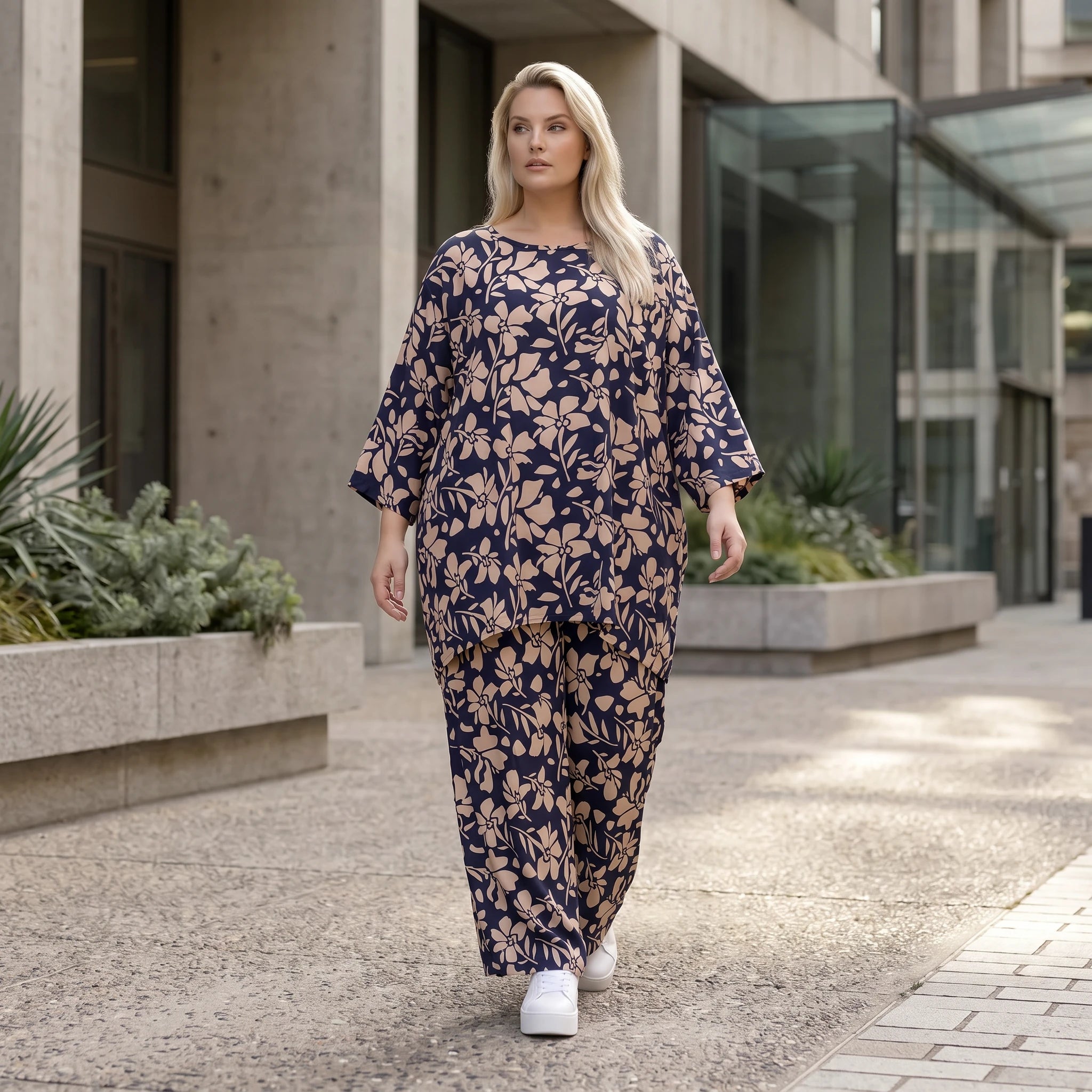 Damen Shirt Avantgarde Viskose Marine/Rose, A-Linie, 3/4-Arm, Seitentaschen, Oversize große Größen – AKH Fashion