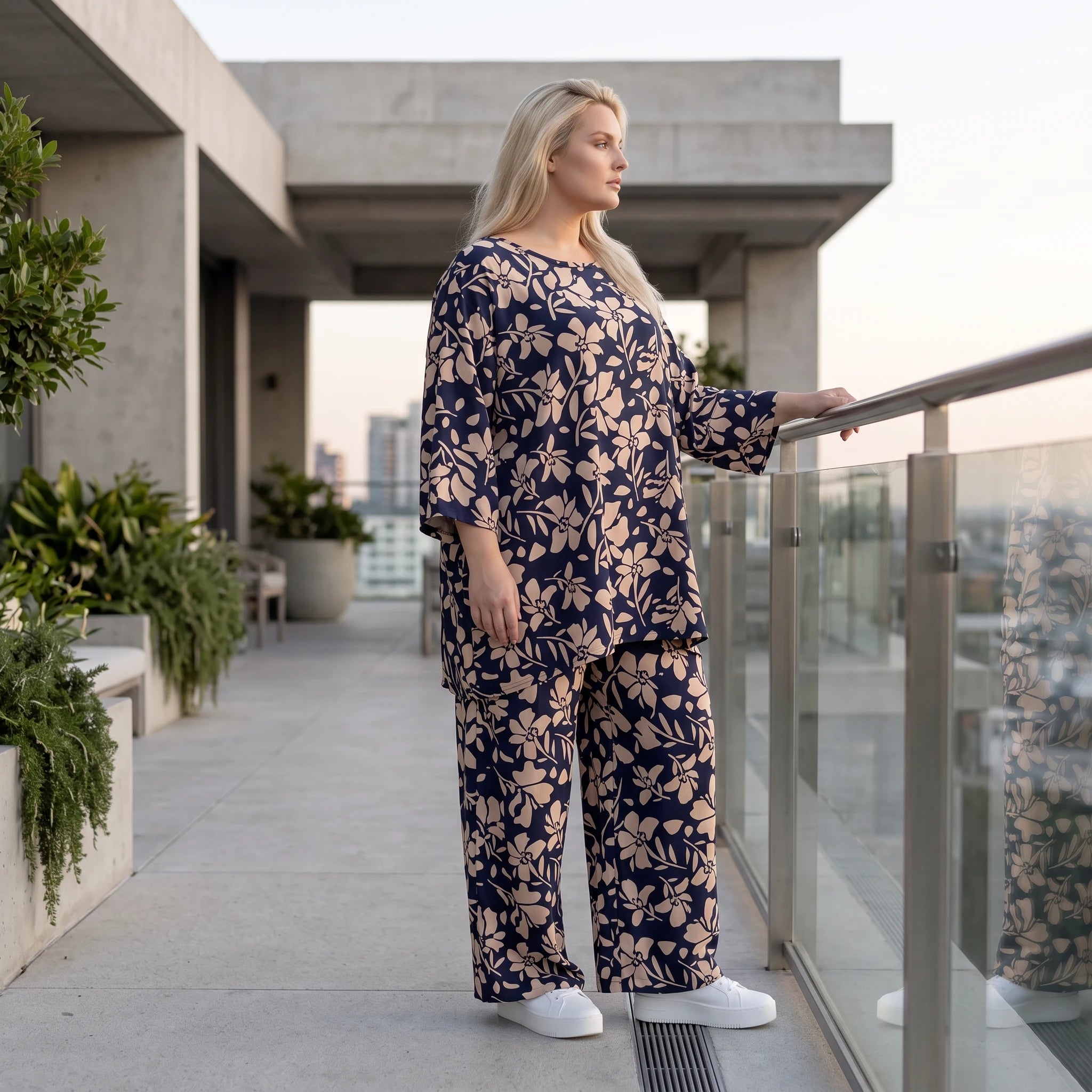 Damen Shirt Avantgarde Viskose Marine/Rose, A-Linie, 3/4-Arm, Seitentaschen, Oversize große Größen – AKH Fashion